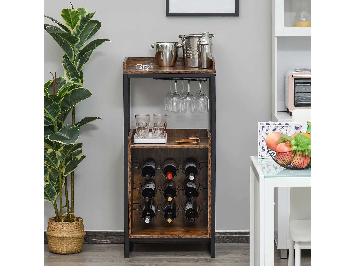 Casier à vin design industriel étagère à bouteilles 9 bouteilles support verres à vin intégré métal noir aspect vieux bois veinage