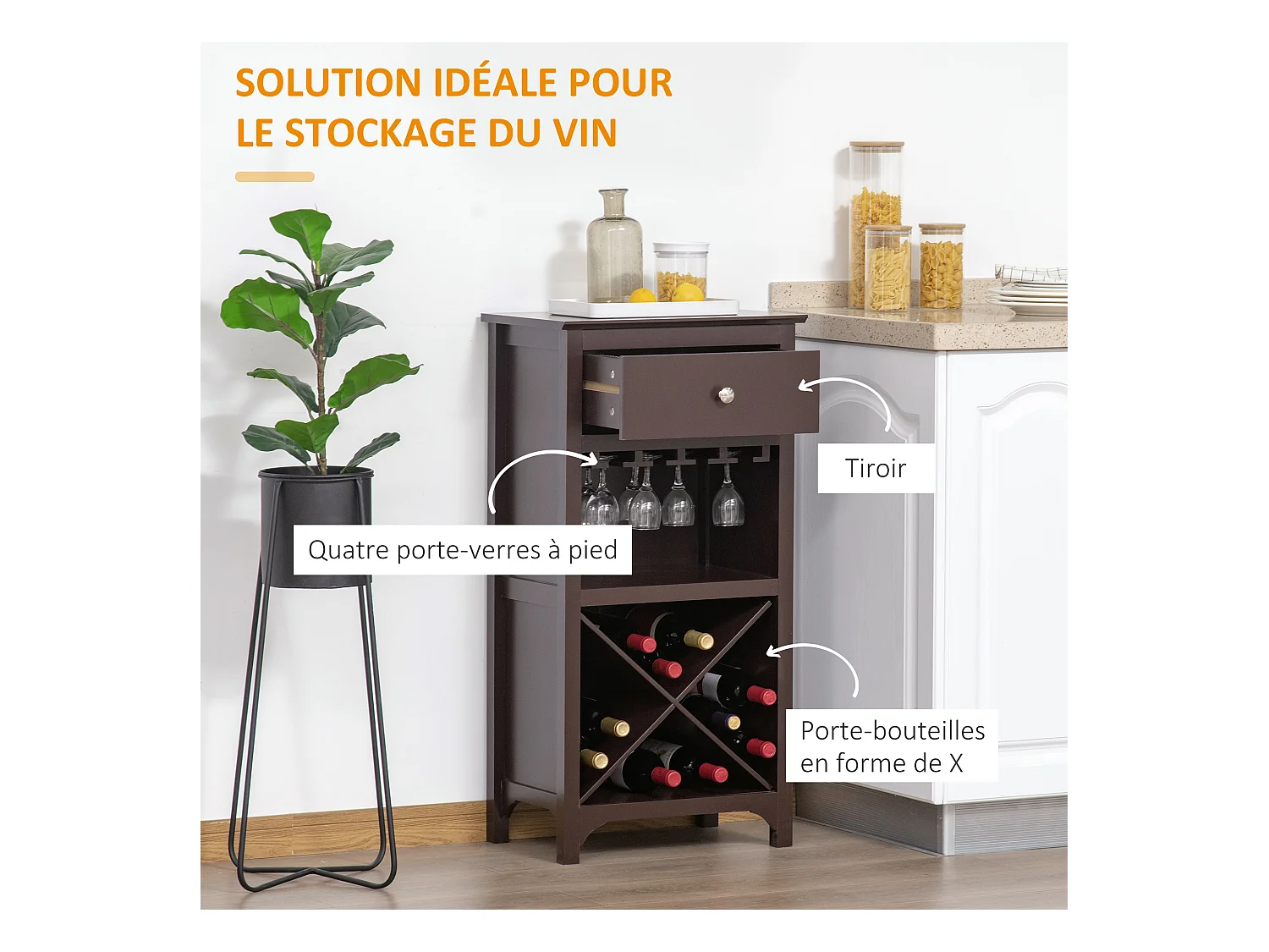 Casier à vin design industriel étagère à bouteilles 12 bouteilles support verres à vin intégré MDF brun foncé