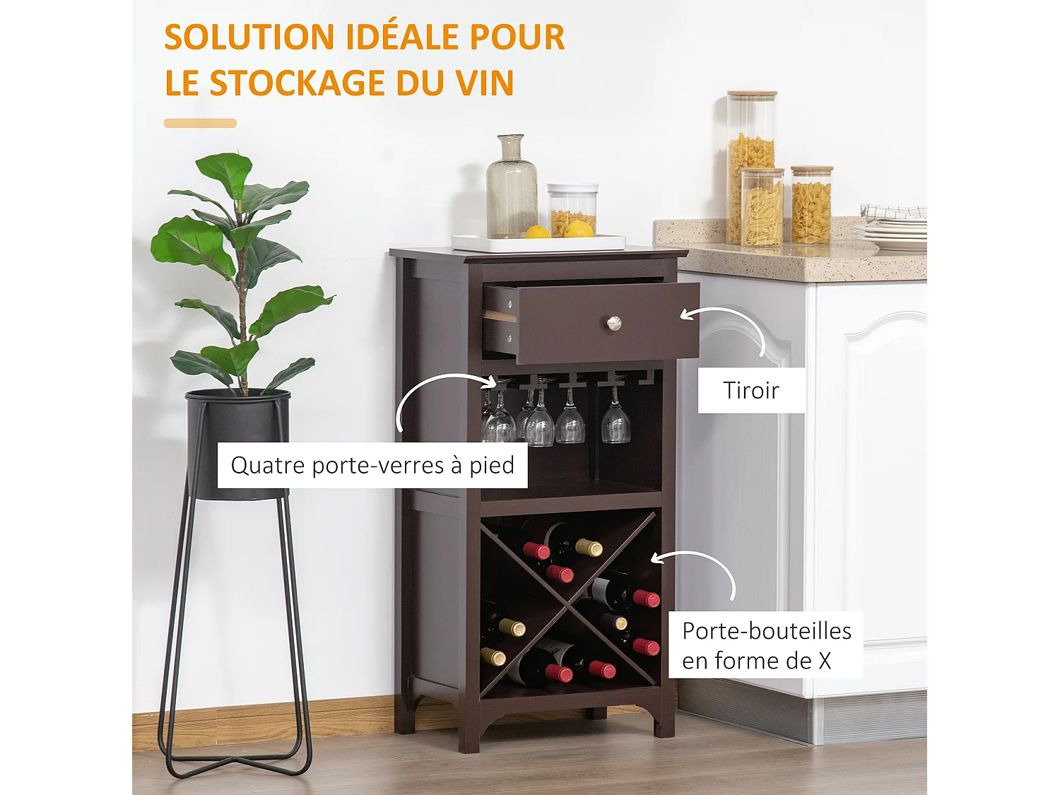 Casier à vin design industriel étagère à bouteilles 12 bouteilles support verres à vin intégré MDF brun foncé