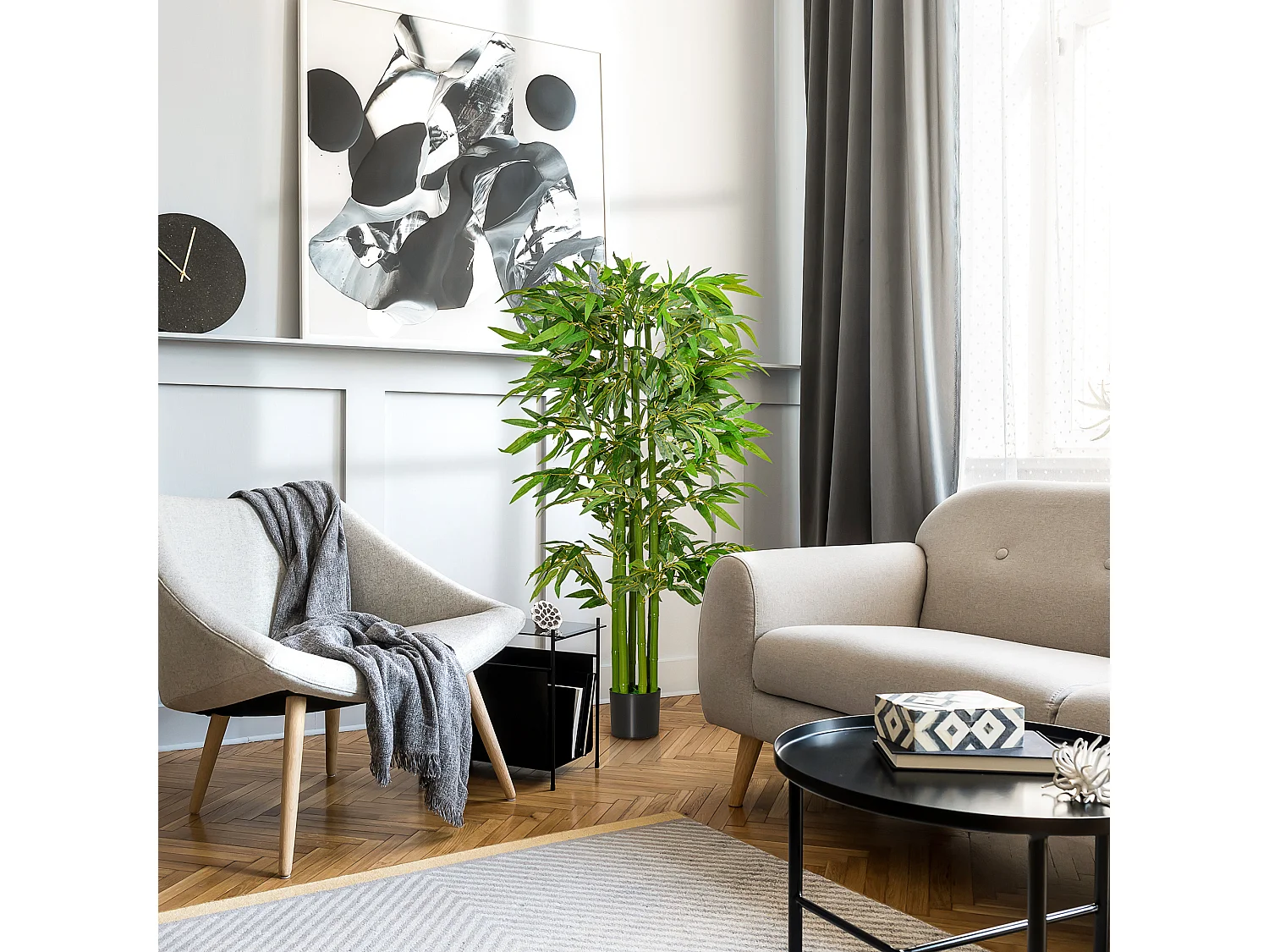 Bambou artificiel XL 1,60H m 975 feuilles denses réalistes pot inclus noir vert