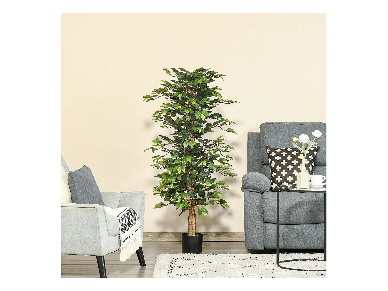 Arbre artificiel plante artificiel ficus hauteur 1,5 m tronc branches liane lichen feuilles grand réalisme pot inclus