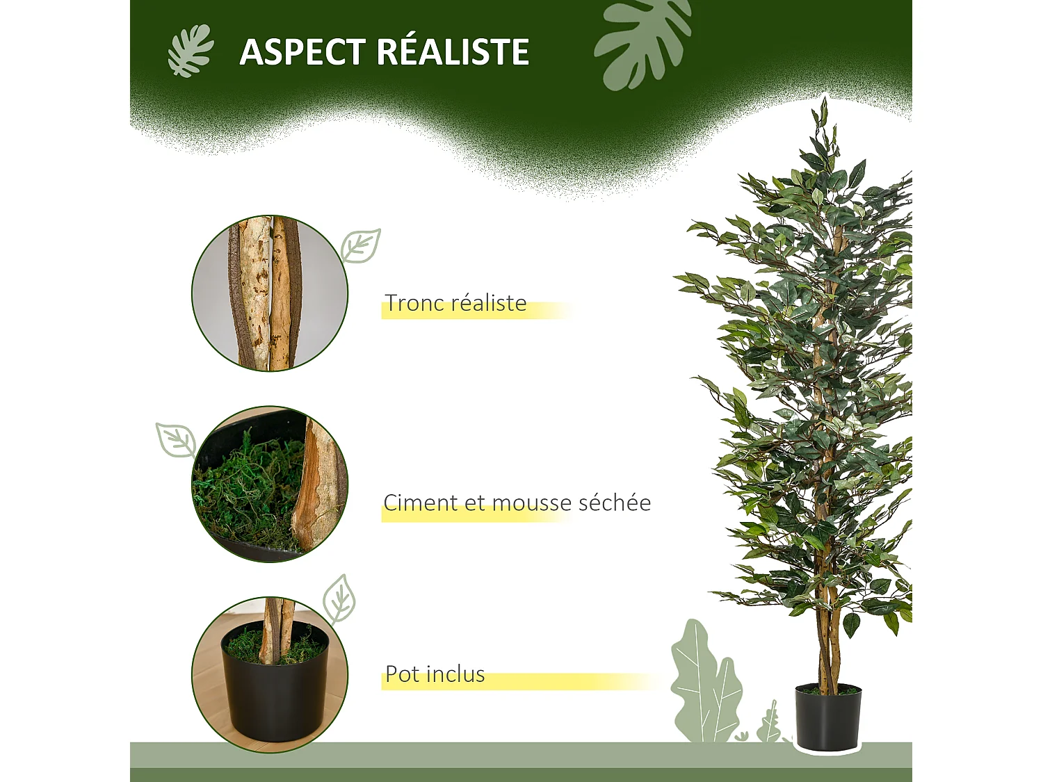 Arbre artificiel plante artificiel ficus hauteur 1,5 m tronc branches liane lichen feuilles grand réalisme pot inclus