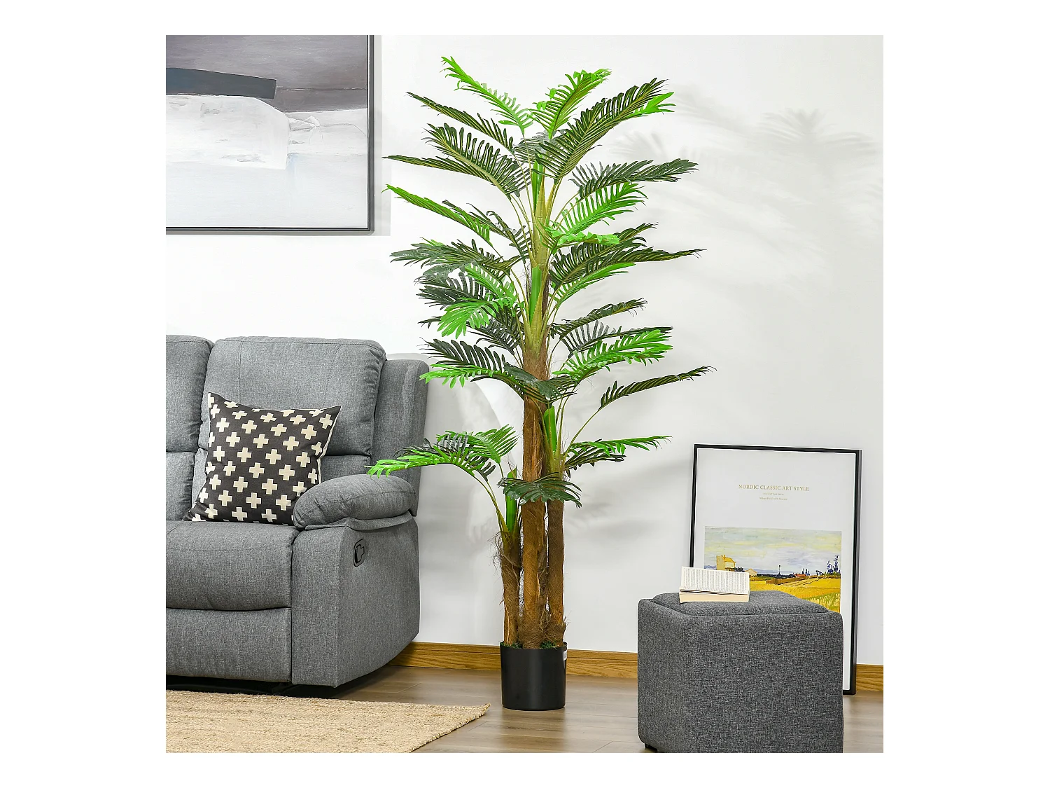 Palmier artificiel H.1,85 m arbre artificiel tronc branches lichen feuilles grand réalisme pot inclus