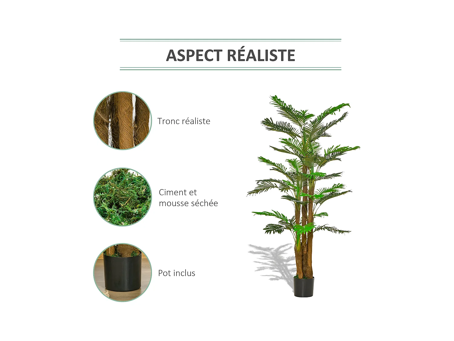 Palmier artificiel H.1,85 m arbre artificiel tronc branches lichen feuilles grand réalisme pot inclus