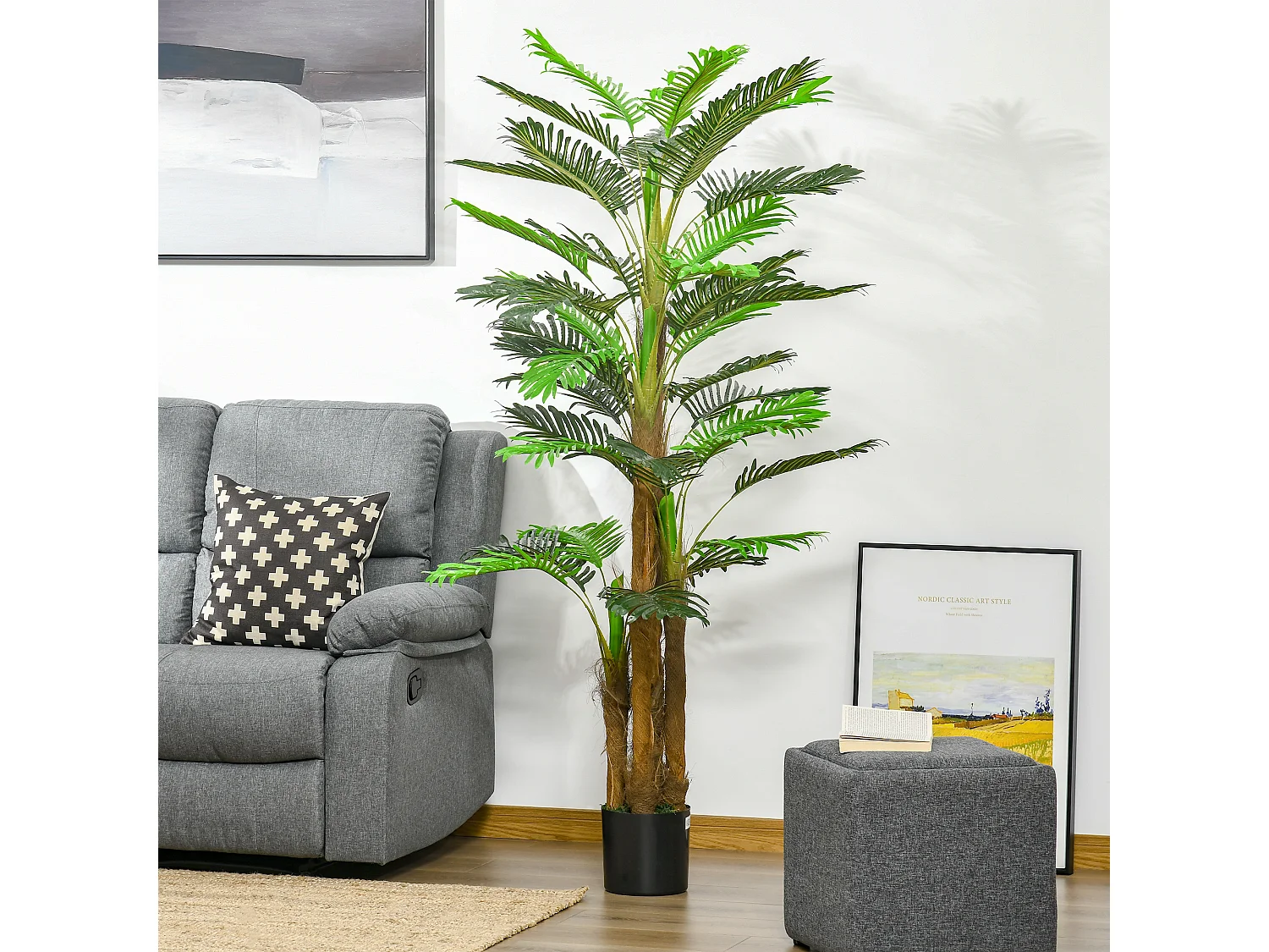 Palmier artificiel H.1,85 m arbre artificiel tronc branches lichen feuilles grand réalisme pot inclus