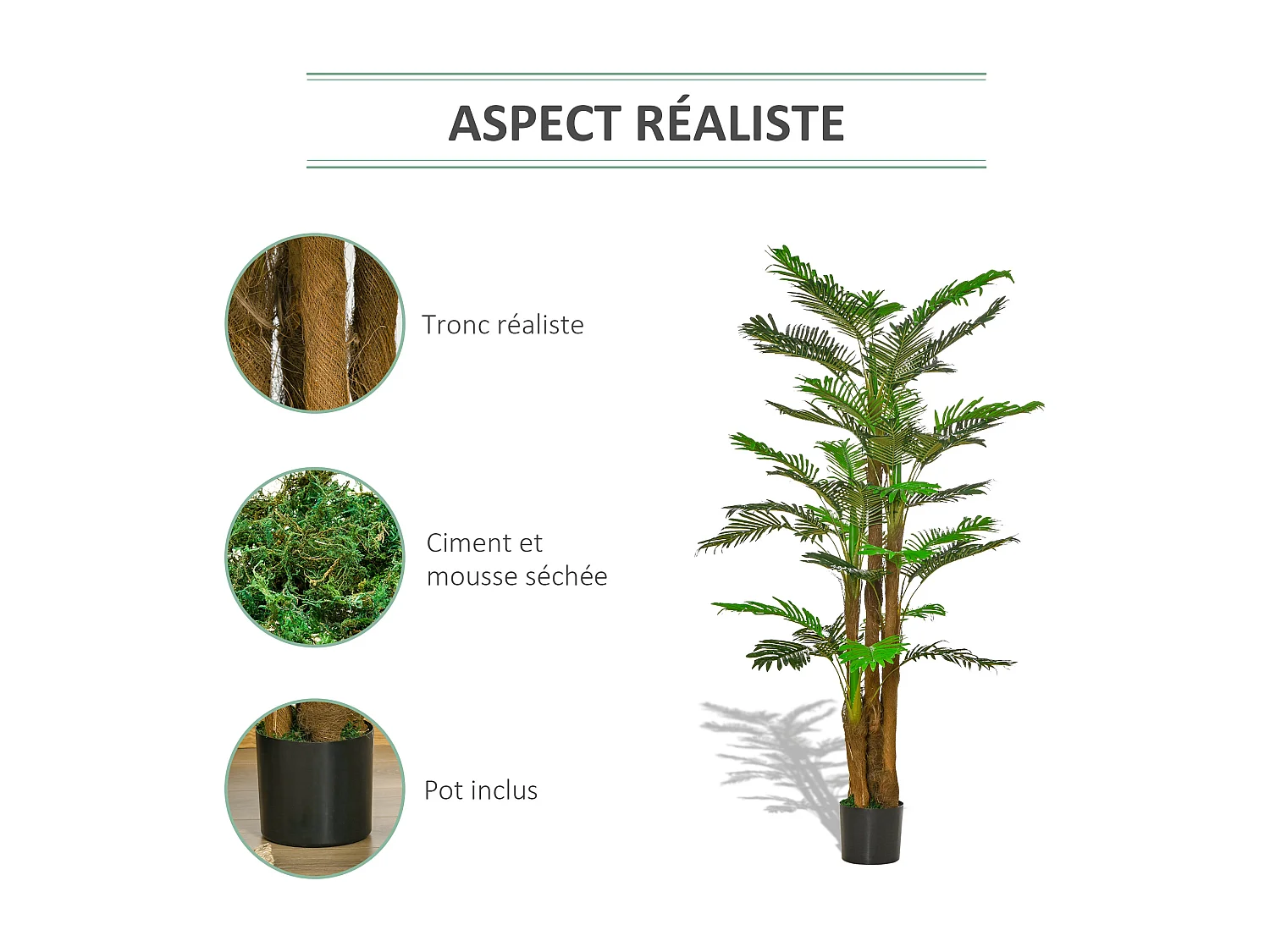 Palmier artificiel H.1,85 m arbre artificiel tronc branches lichen feuilles grand réalisme pot inclus