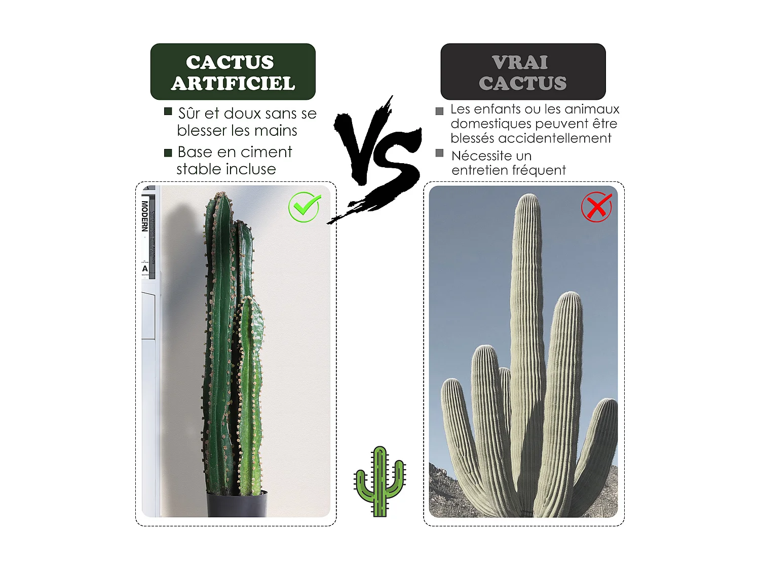 Cactus artificiel grand réalisme plante artificielle grande taille dim. Ø 17 x 100H cm vert