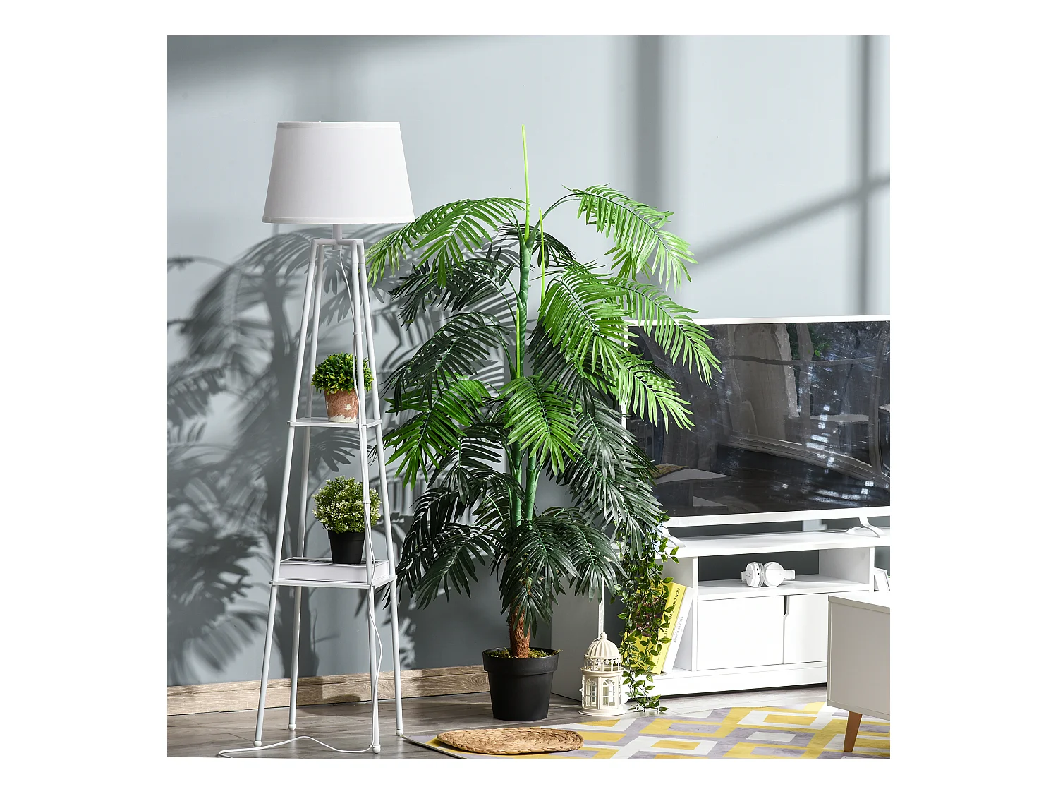 Palmier artificiel hauteur 1,7 m arbre artificiel tronc branches lichen grandes feuilles grand réalisme pot inclus