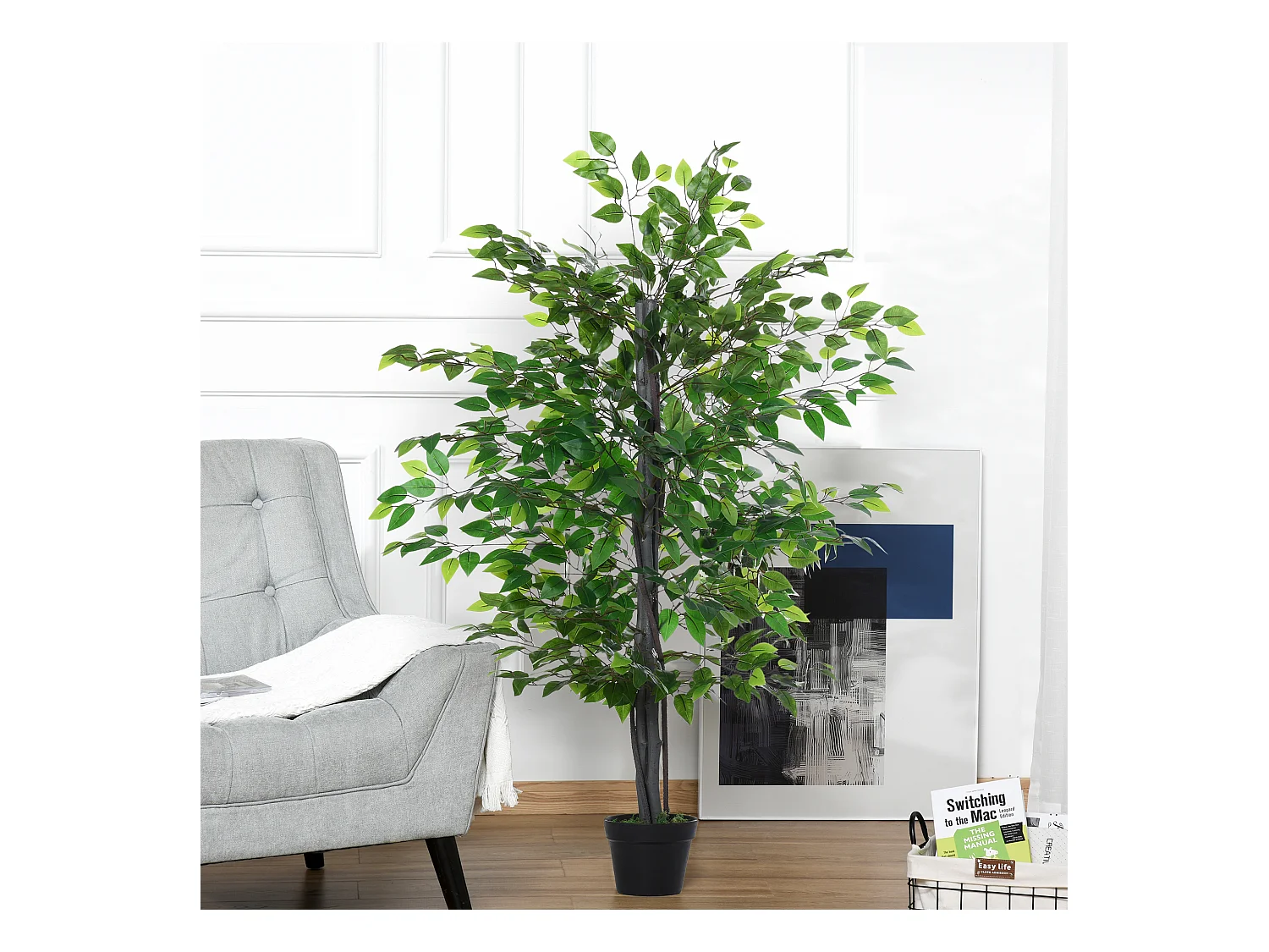 Arbre artificiel plante artificiel banyan hauteur 1,45 m tronc branches liane lichen feuilles grand réalisme pot inclus