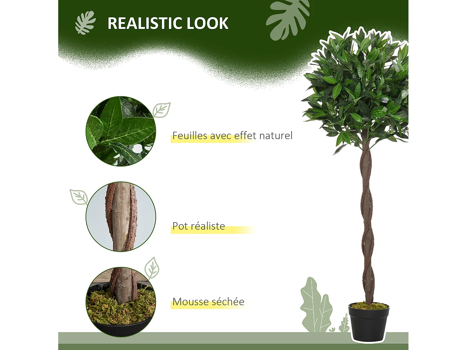 Lauriers artificiels topiaires 1,20H m - lot de 2 lauriers boules artificiels - 741 feuilles réalistes par pied - tronc liane - pot inclus noir vert