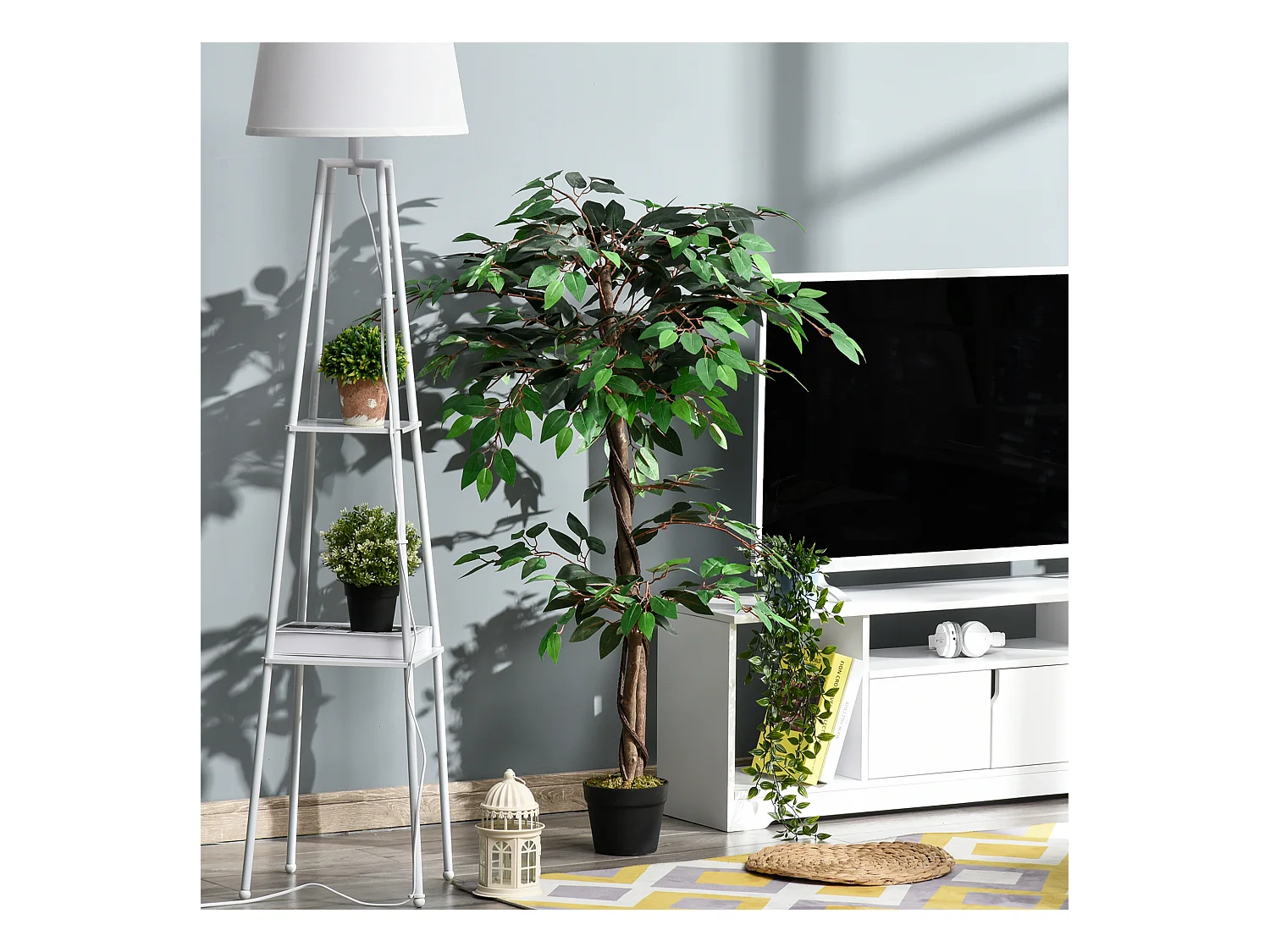 Arbre artificiel plante artificiel ficus hauteur 1,2 m tronc branches liane lichen feuilles grand réalisme pot inclus