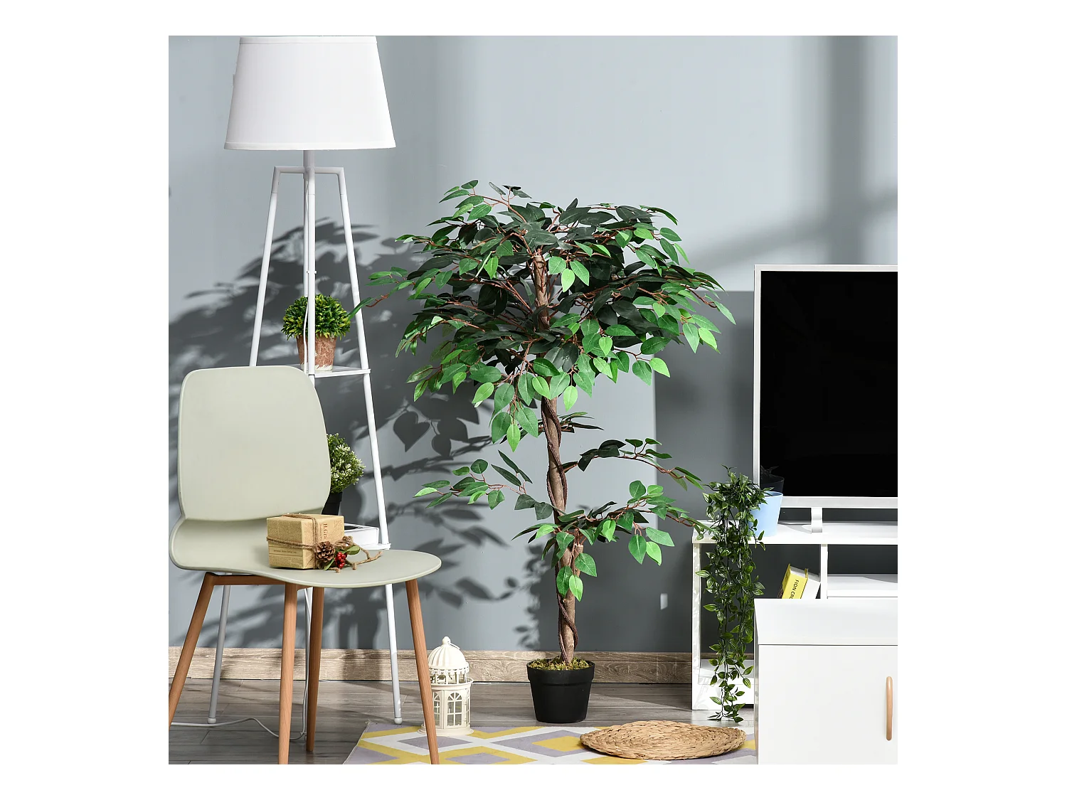 Arbre artificiel plante artificiel ficus hauteur 1,2 m tronc branches liane lichen feuilles grand réalisme pot inclus