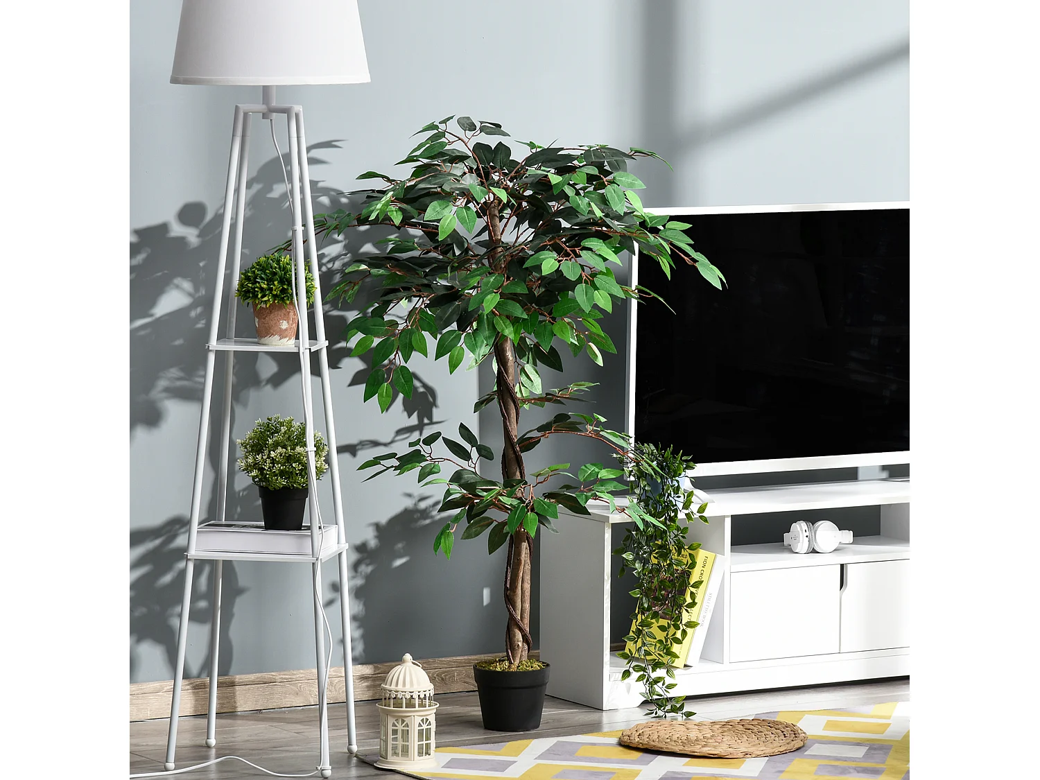 Arbre artificiel plante artificiel ficus hauteur 1,2 m tronc branches liane lichen feuilles grand réalisme pot inclus
