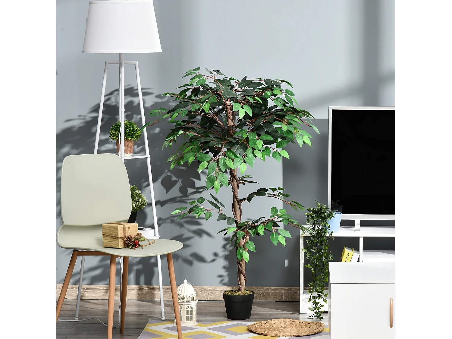 Arbre artificiel plante artificiel ficus hauteur 1,2 m tronc branches liane lichen feuilles grand réalisme pot inclus