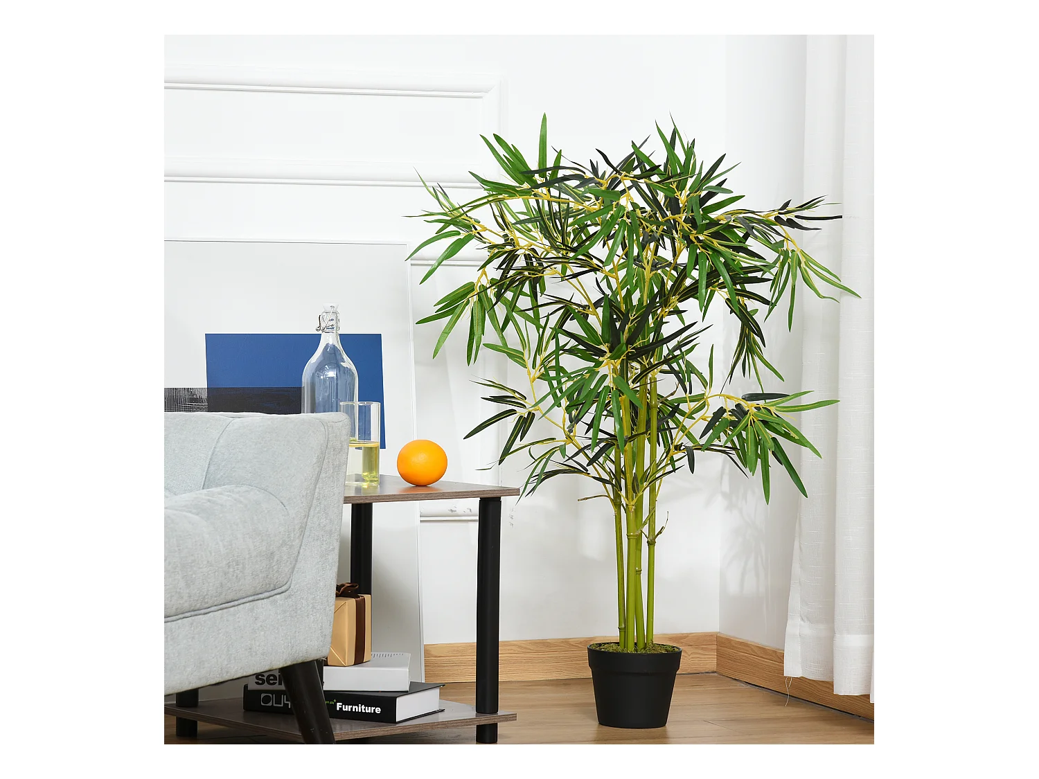 Bambou artificiel hauteur 1,2 m 552 feuilles denses réalistes pot inclus noir avec lichen vert