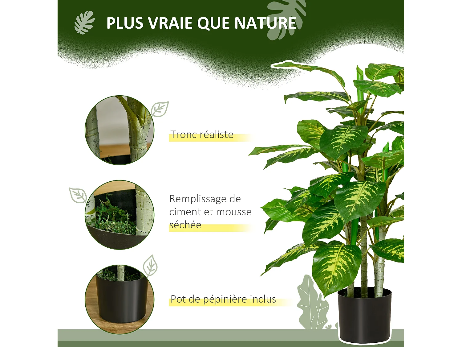 Arbre artificiel plante artificielle Calathea H. 95 cm tronc branches lichen feuilles grand réalisme pot inclus