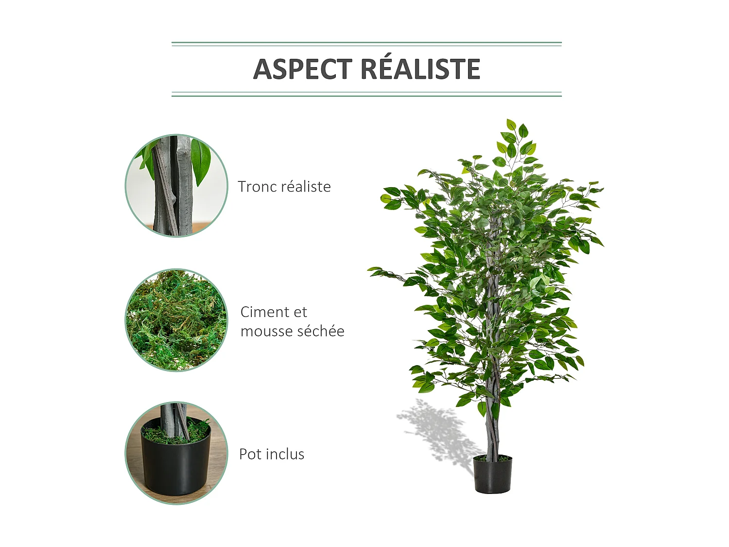 HOMCOM Arbre artificiel plante artificielle ficus H.1,35 m tronc branches liane lichen feuilles grand réalisme pot inclus