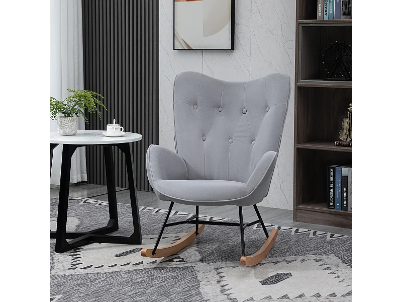 Fauteuil à bascule oreilles rocking chair grand confort accoudoirs assise dossier garnissage mousse haute densité aspect velours gris