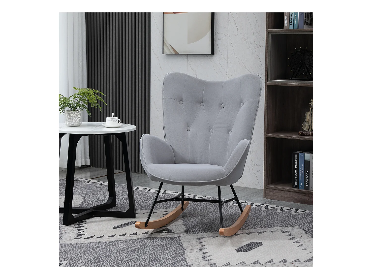 Fauteuil à bascule oreilles rocking chair grand confort accoudoirs assise dossier garnissage mousse haute densité aspect velours gris