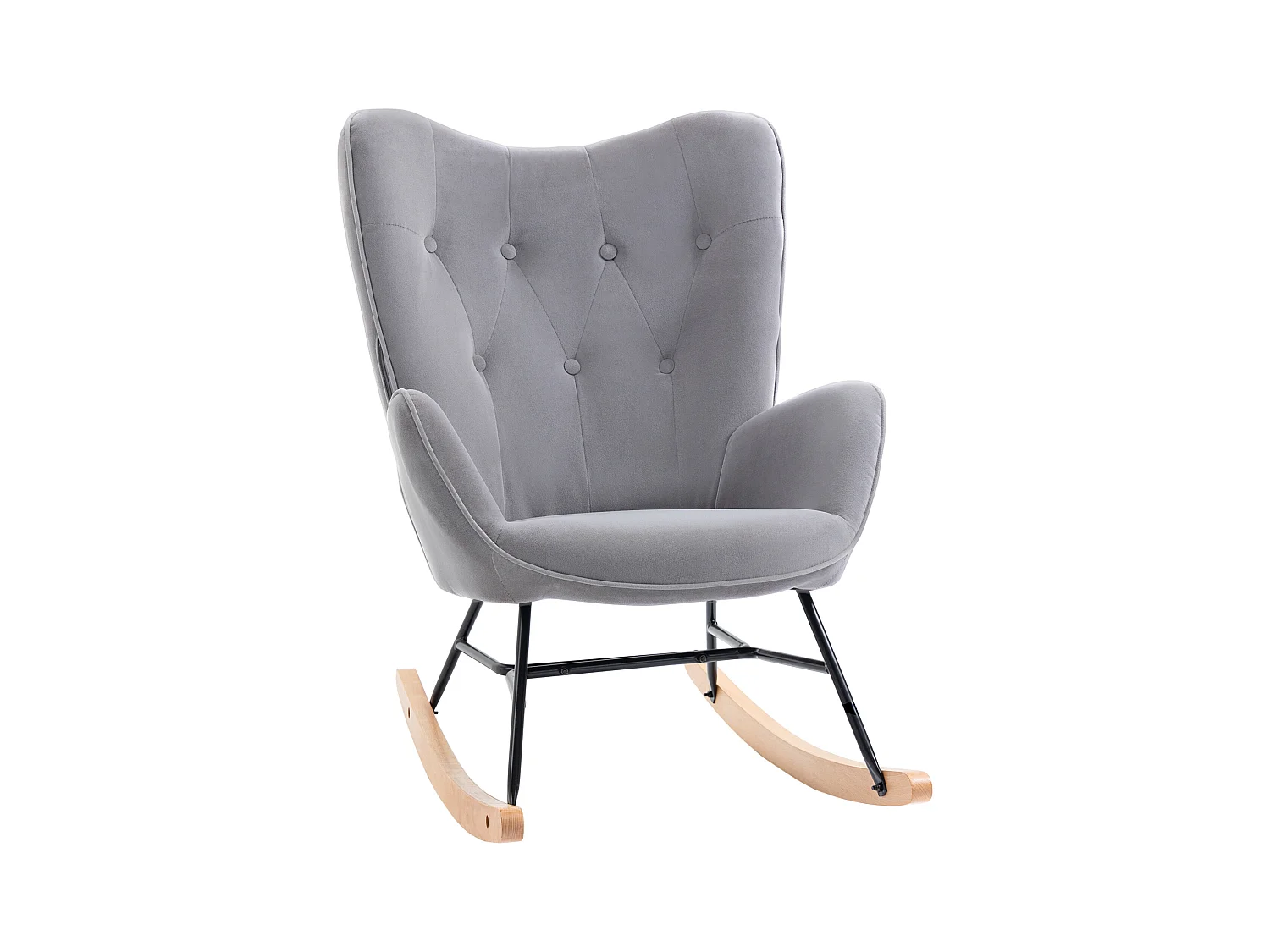 Fauteuil à bascule oreilles rocking chair grand confort accoudoirs assise dossier garnissage mousse haute densité aspect velours gris
