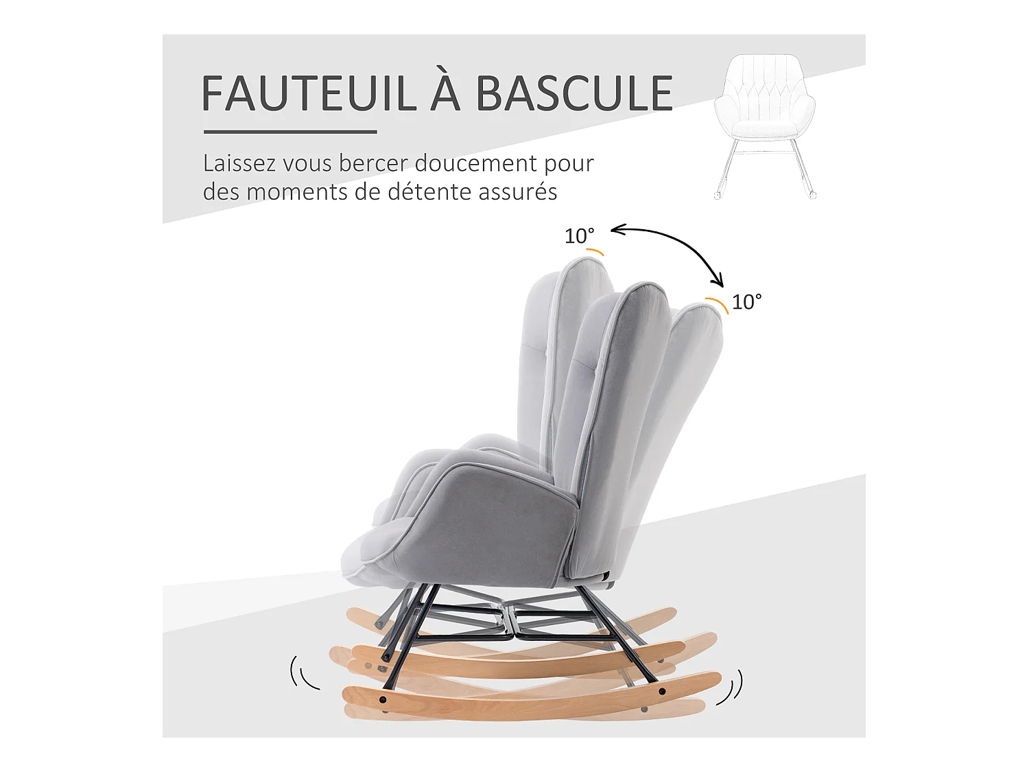 Fauteuil à bascule oreilles rocking chair grand confort accoudoirs assise dossier garnissage mousse haute densité aspect velours gris