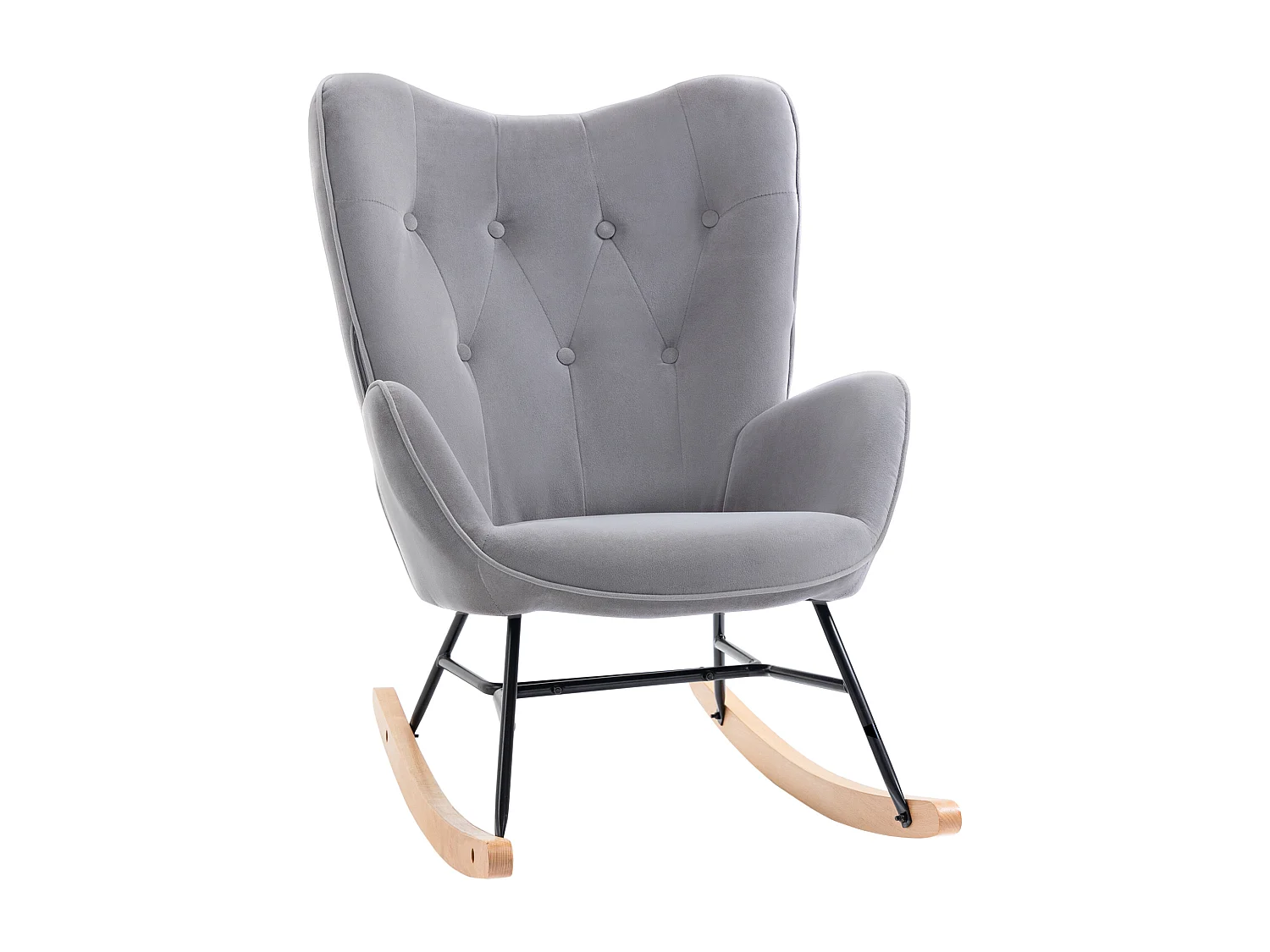 Fauteuil à bascule oreilles rocking chair grand confort accoudoirs assise dossier garnissage mousse haute densité aspect velours gris