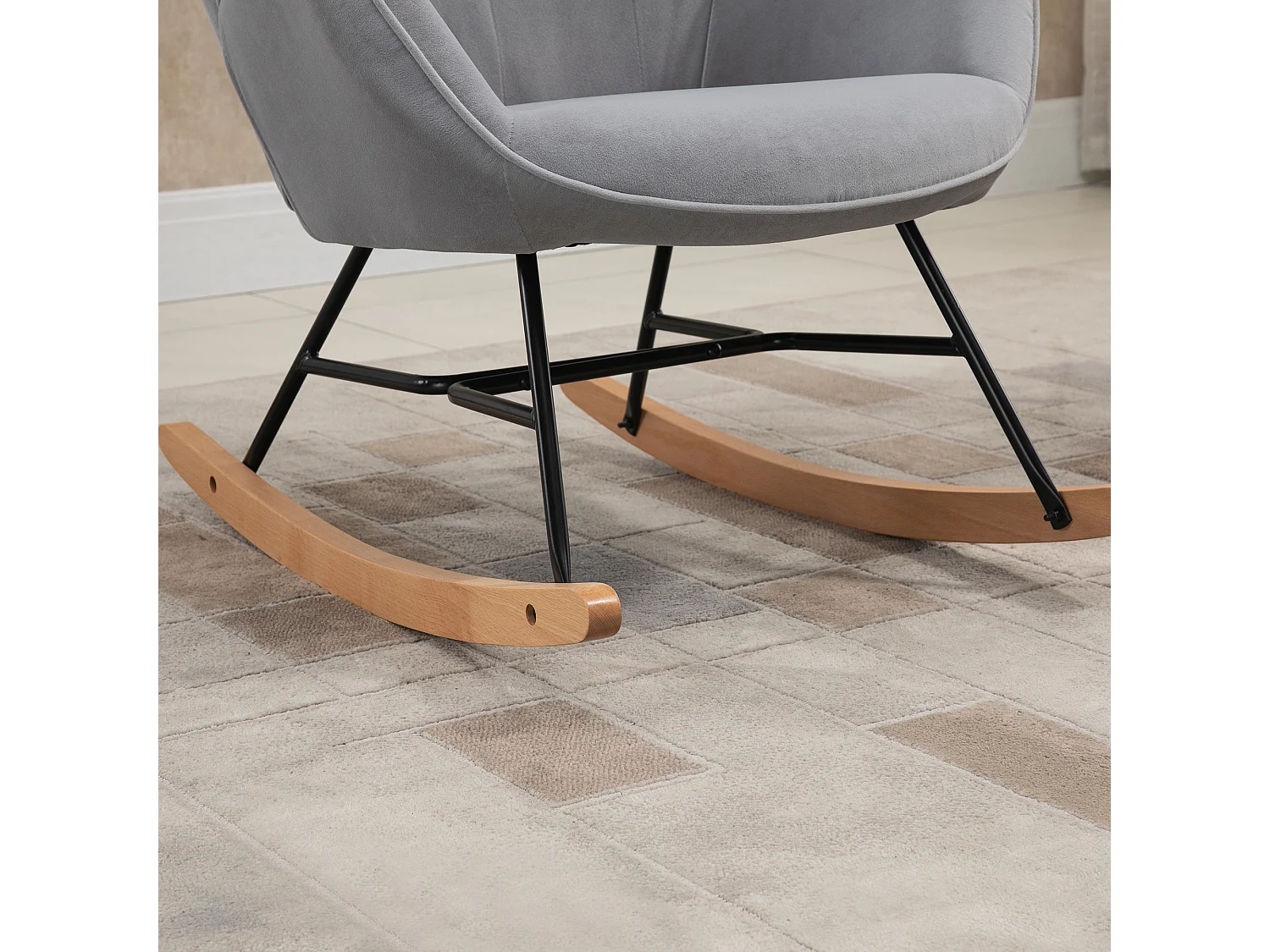 Fauteuil à bascule oreilles rocking chair grand confort accoudoirs assise dossier garnissage mousse haute densité aspect velours gris