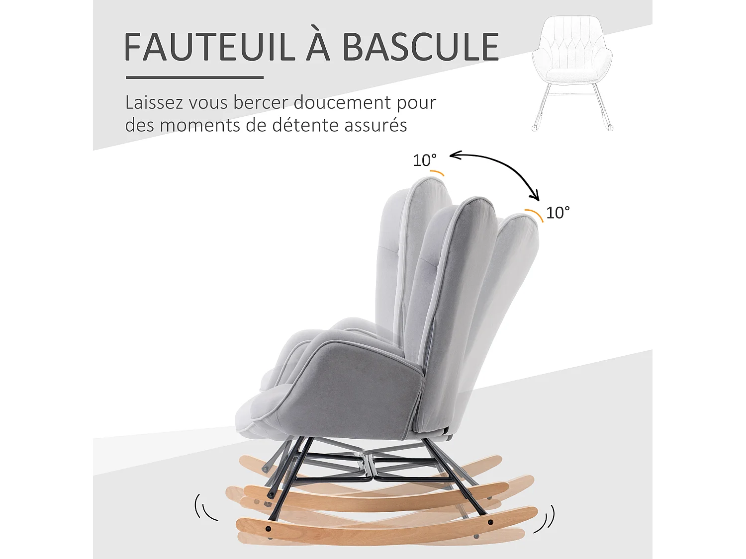 Fauteuil à bascule oreilles rocking chair grand confort accoudoirs assise dossier garnissage mousse haute densité aspect velours gris