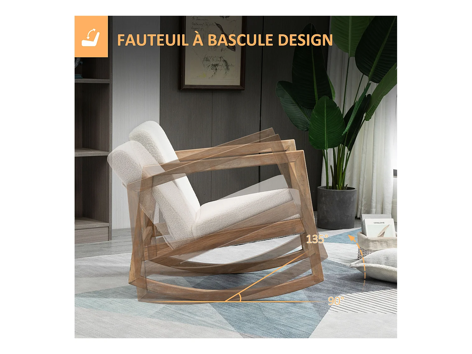 Fauteuil lounge à bascule - assise profonde, dossier incliné - revêtement effet peau de mouton polyester crème - accoudoirs, structure bois hévéa