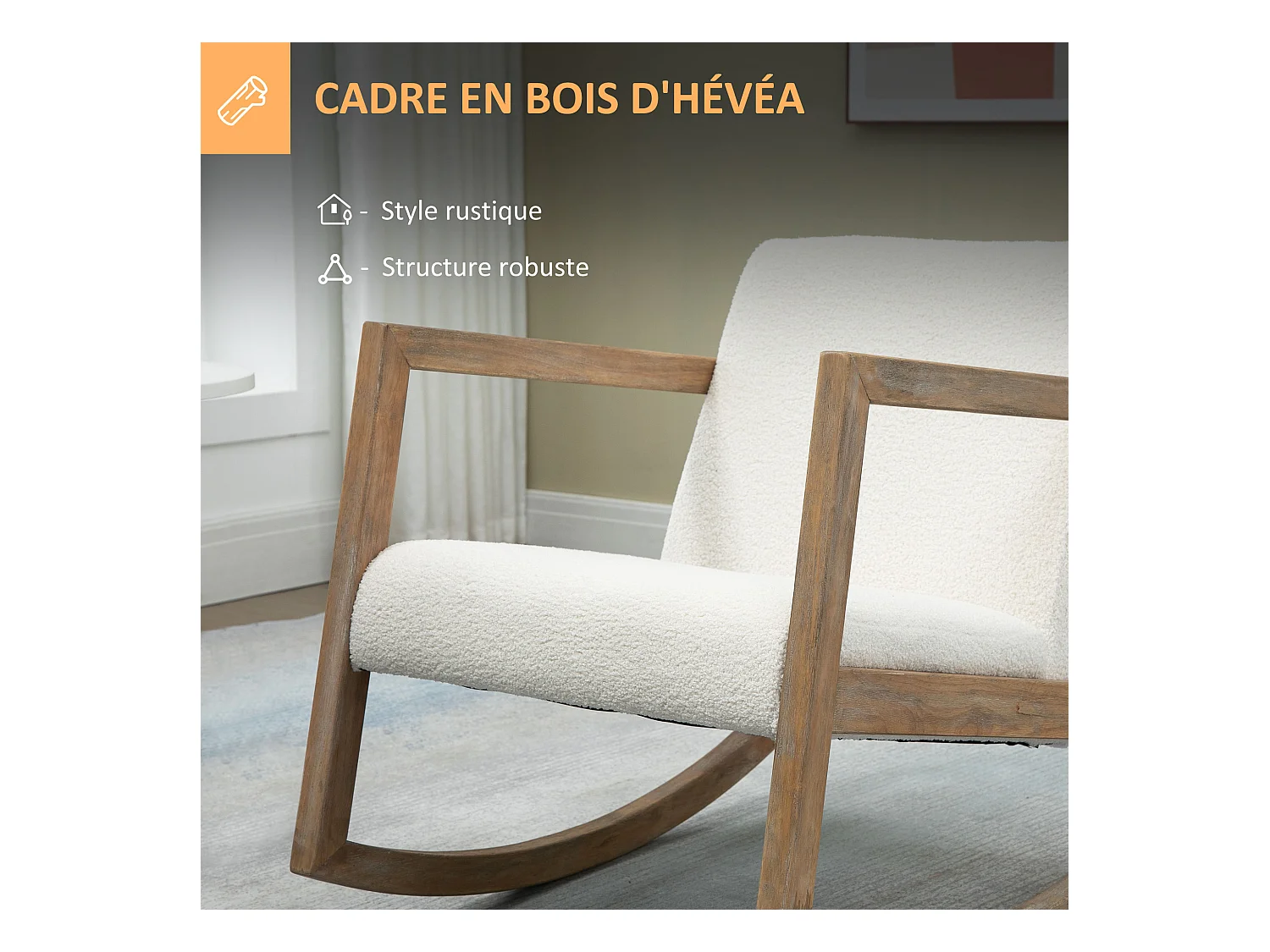 Fauteuil lounge à bascule - assise profonde, dossier incliné - revêtement effet peau de mouton polyester crème - accoudoirs, structure bois hévéa