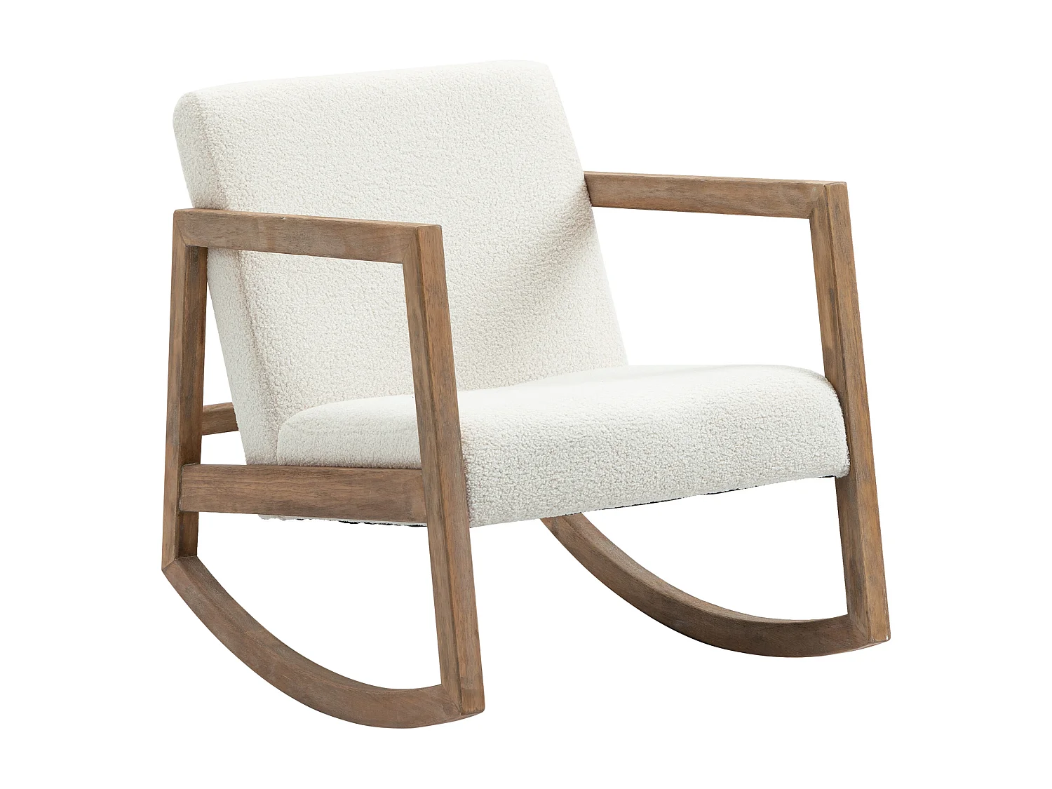 Fauteuil lounge à bascule - assise profonde, dossier incliné - revêtement effet peau de mouton polyester crème - accoudoirs, structure bois hévéa