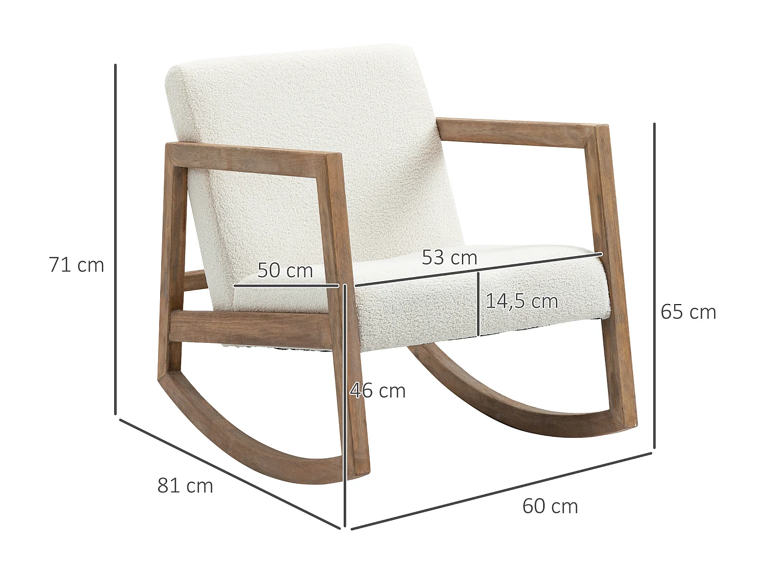 Fauteuil lounge à bascule - assise profonde, dossier incliné - revêtement effet peau de mouton polyester crème - accoudoirs, structure bois hévéa
