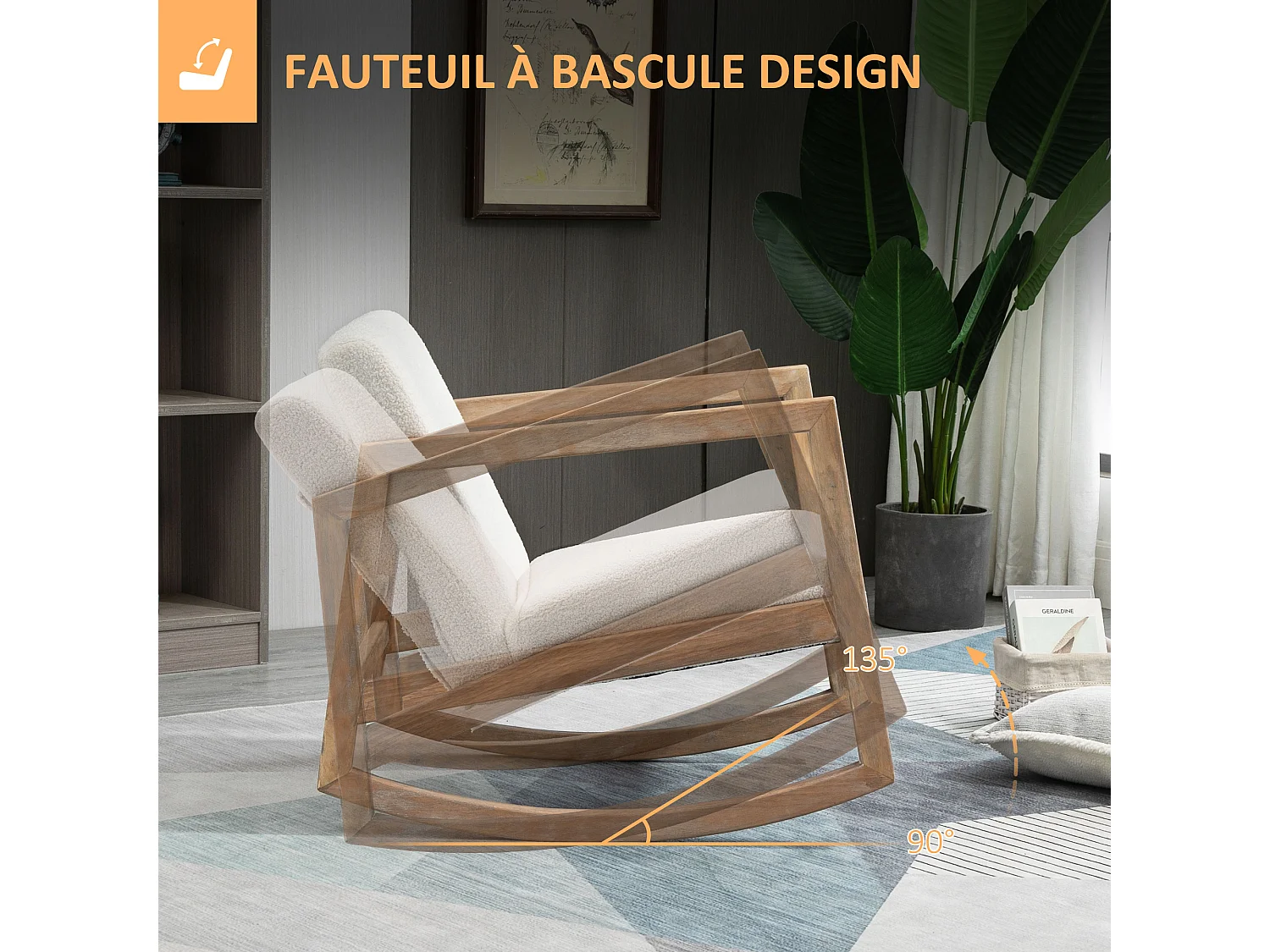 Fauteuil lounge à bascule - assise profonde, dossier incliné - revêtement effet peau de mouton polyester crème - accoudoirs, structure bois hévéa