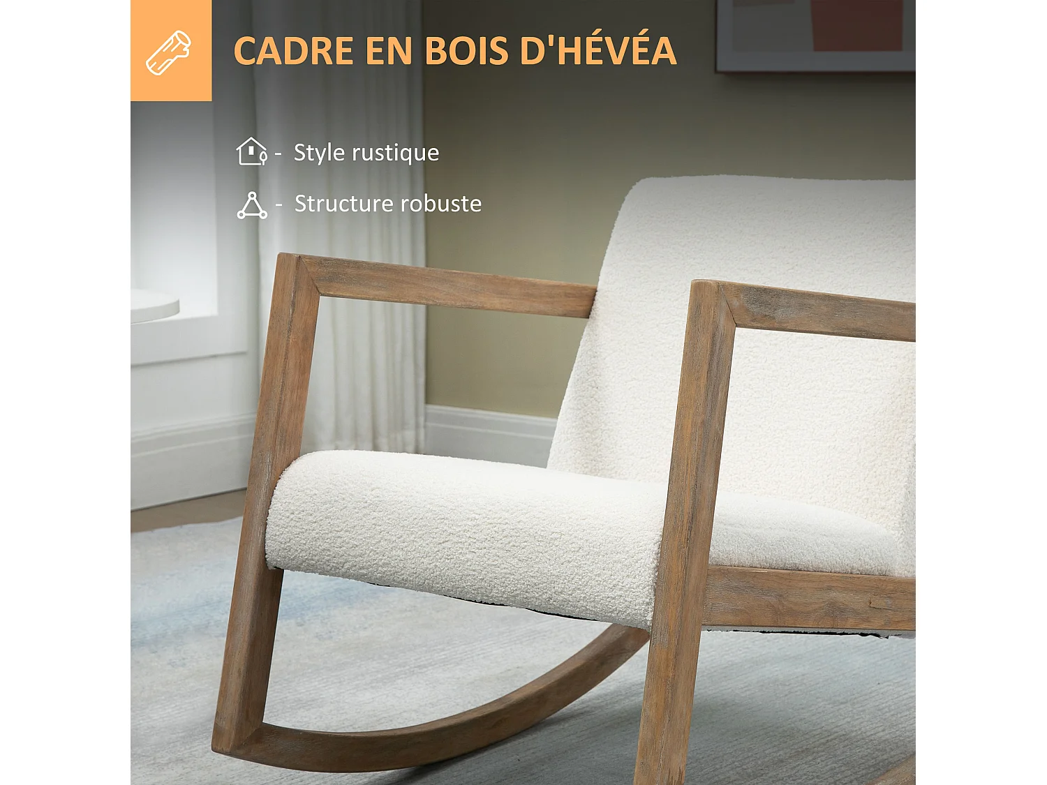 Fauteuil lounge à bascule - assise profonde, dossier incliné - revêtement effet peau de mouton polyester crème - accoudoirs, structure bois hévéa
