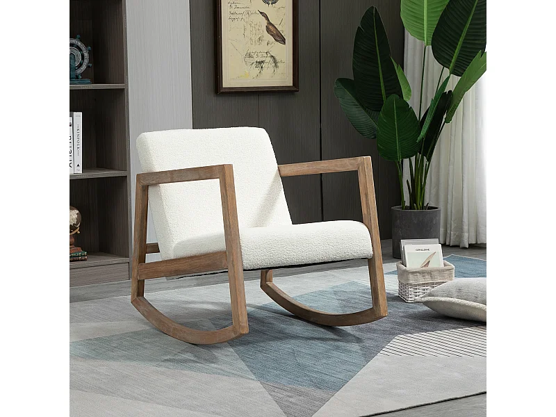 Fauteuil lounge à bascule - assise profonde, dossier incliné - revêtement effet peau de mouton polyester crème - accoudoirs, structure bois hévéa