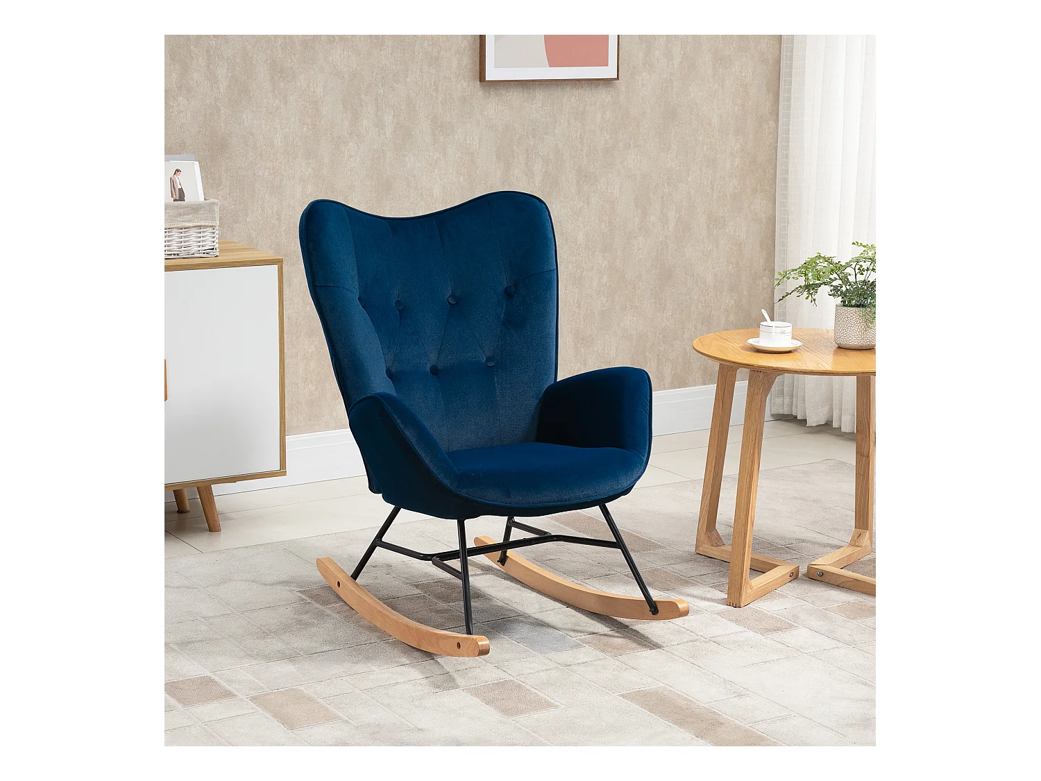Fauteuil à bascule oreilles rocking chair grand confort accoudoirs assise dossier garnissage mousse haute densité aspect velours bleu