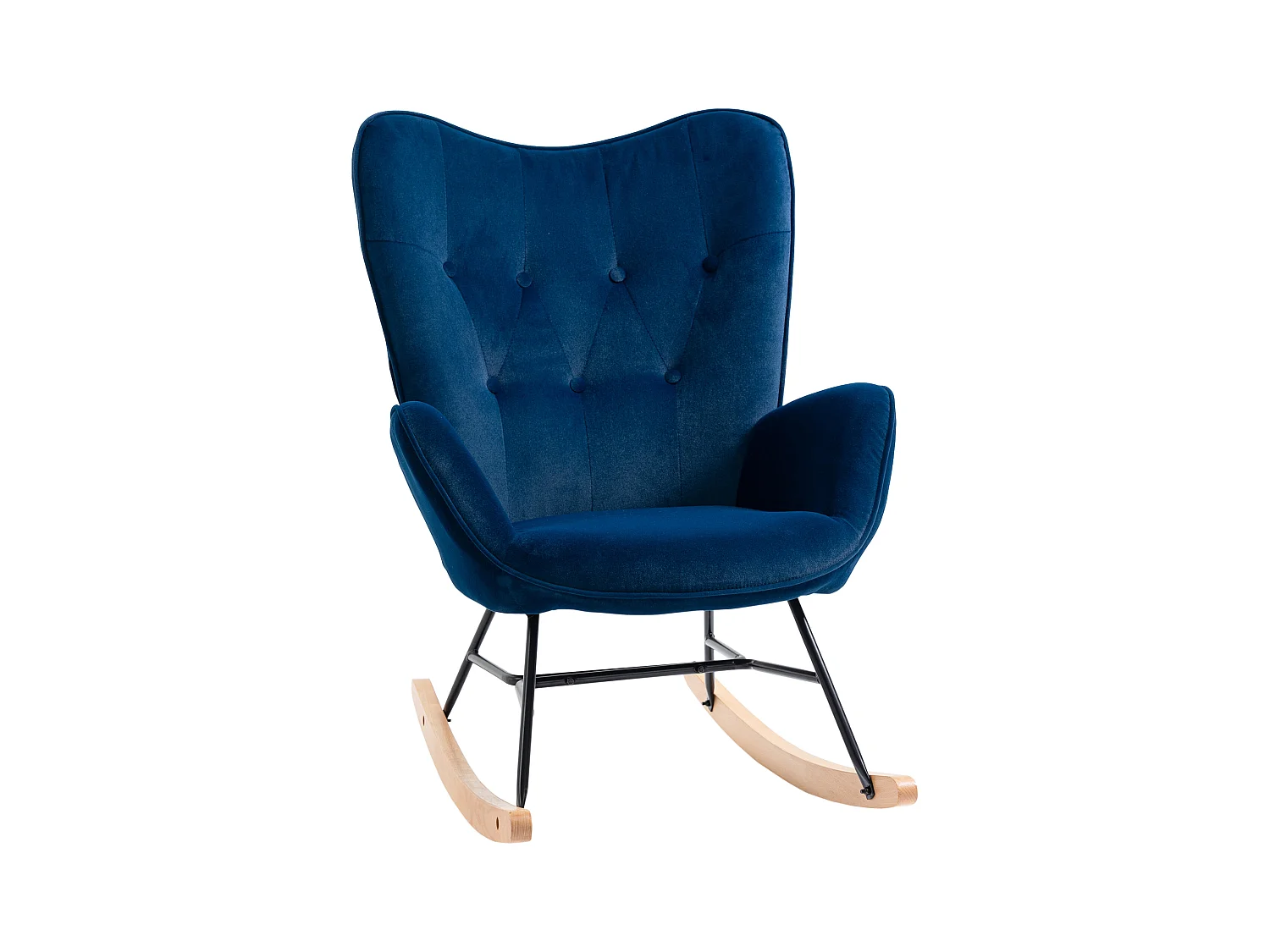 Fauteuil à bascule oreilles rocking chair grand confort accoudoirs assise dossier garnissage mousse haute densité aspect velours bleu