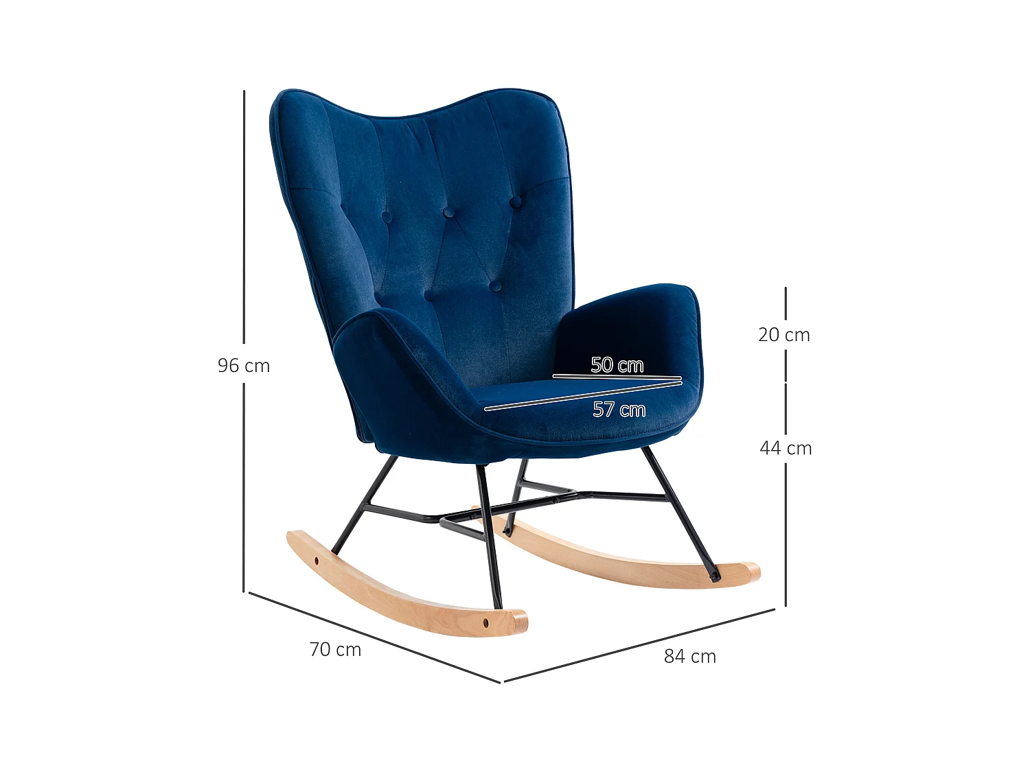 Fauteuil à bascule oreilles rocking chair grand confort accoudoirs assise dossier garnissage mousse haute densité aspect velours bleu