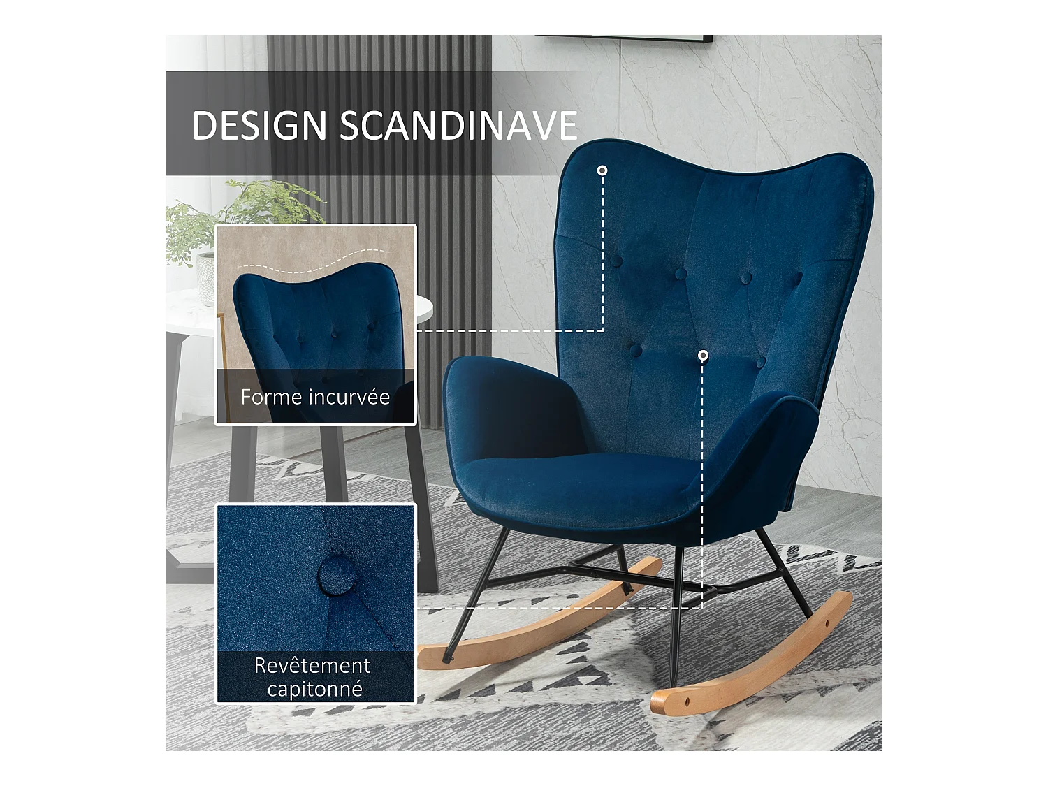 Fauteuil à bascule oreilles rocking chair grand confort accoudoirs assise dossier garnissage mousse haute densité aspect velours bleu