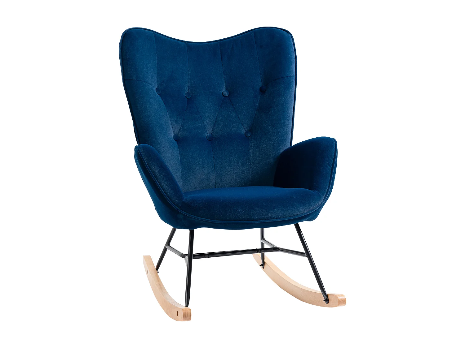 Fauteuil à bascule oreilles rocking chair grand confort accoudoirs assise dossier garnissage mousse haute densité aspect velours bleu