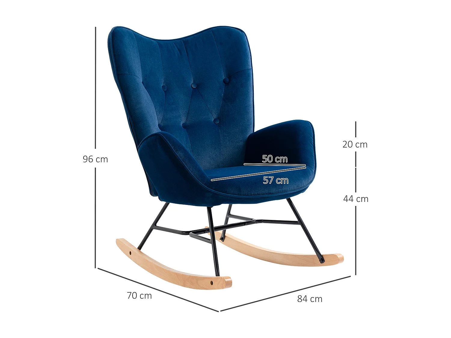 Fauteuil à bascule oreilles rocking chair grand confort accoudoirs assise dossier garnissage mousse haute densité aspect velours bleu