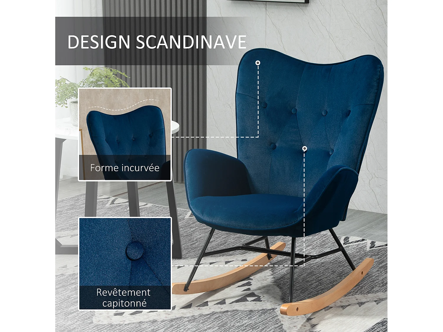 Fauteuil à bascule oreilles rocking chair grand confort accoudoirs assise dossier garnissage mousse haute densité aspect velours bleu