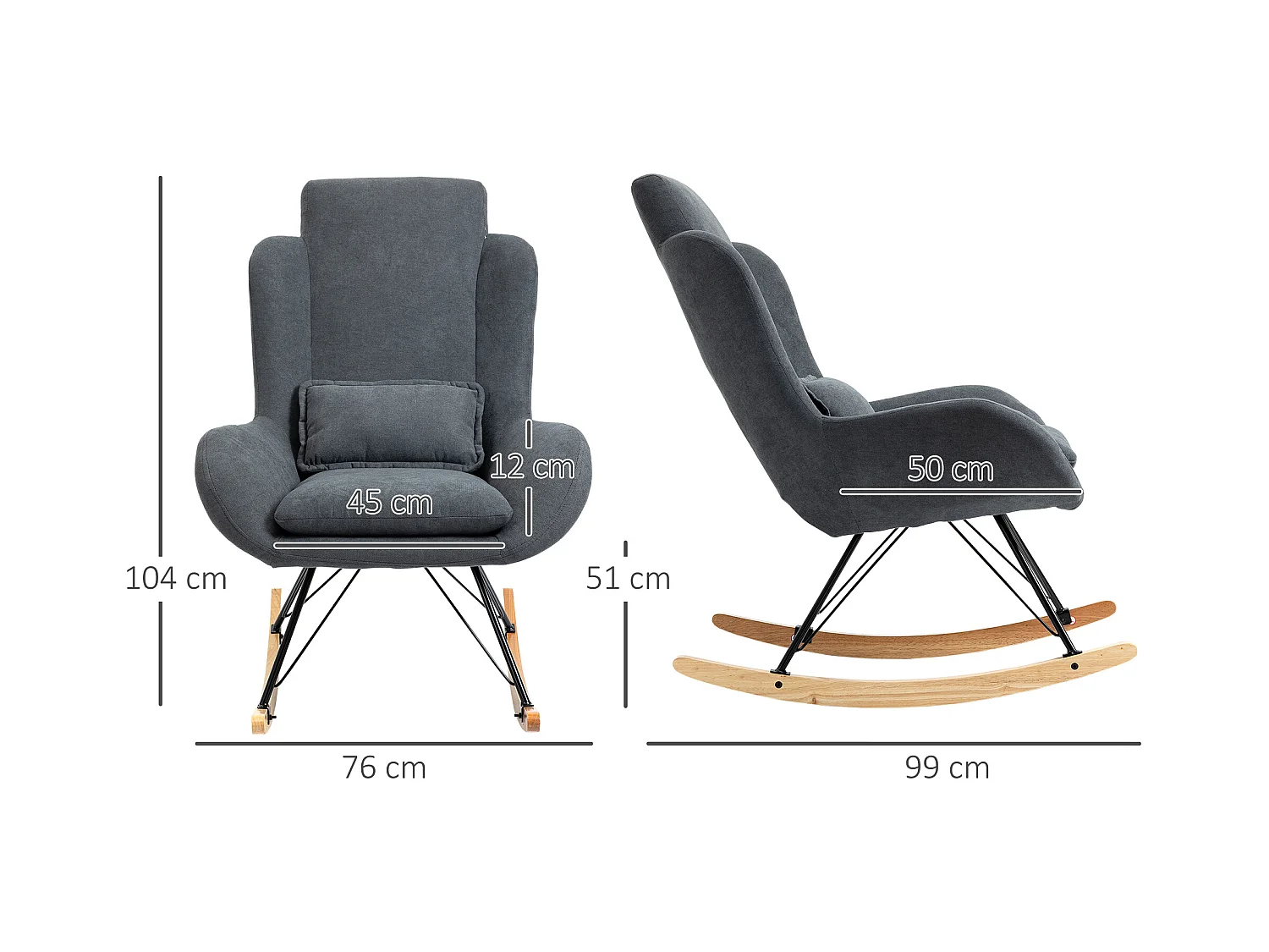 Fauteuil à bascule oreilles rocking chair grand confort accoudoirs assise dossier garnissage mousse haute densité lin gris