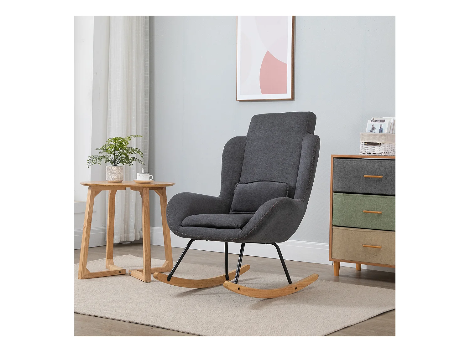 Fauteuil à bascule oreilles rocking chair grand confort accoudoirs assise dossier garnissage mousse haute densité lin gris