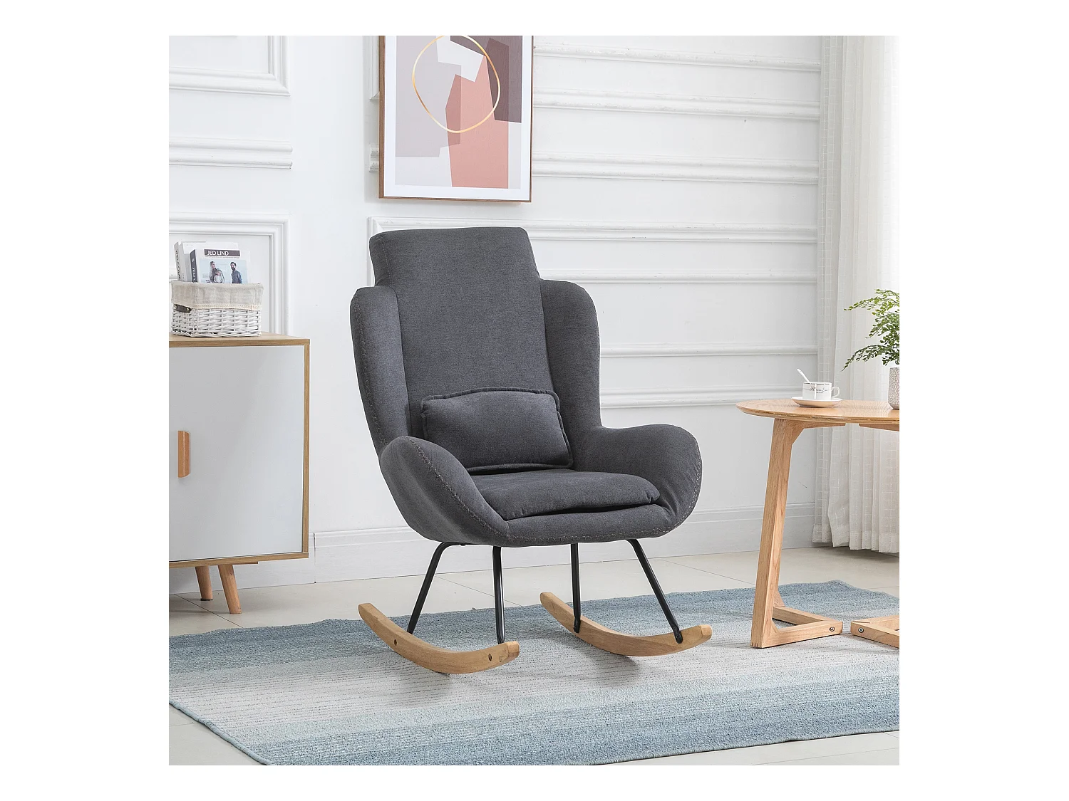 Fauteuil à bascule oreilles rocking chair grand confort accoudoirs assise dossier garnissage mousse haute densité lin gris