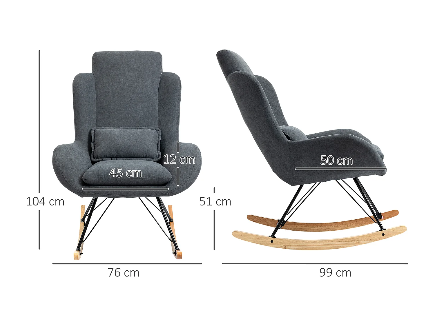 Fauteuil à bascule oreilles rocking chair grand confort accoudoirs assise dossier garnissage mousse haute densité lin gris