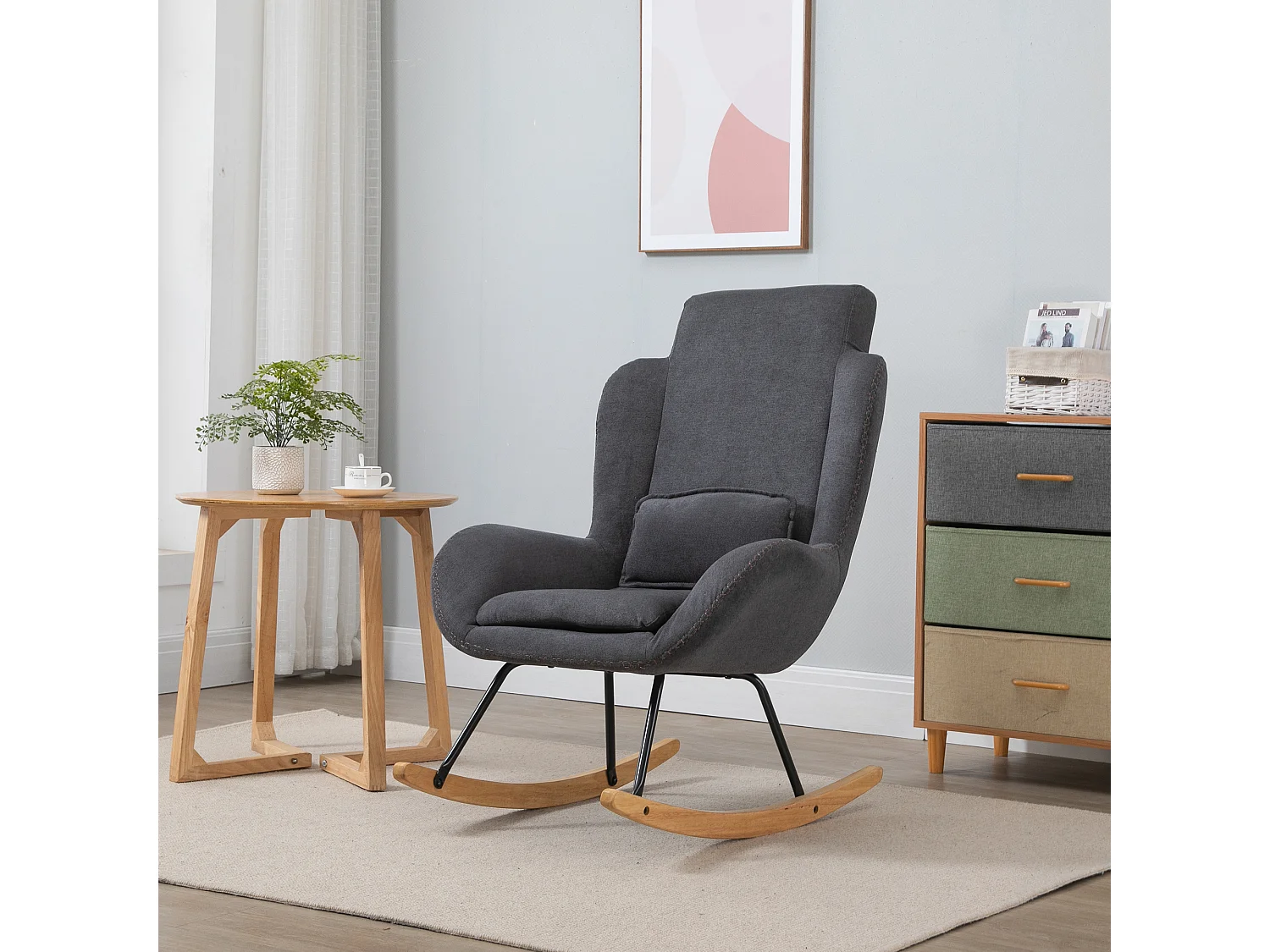 Fauteuil à bascule oreilles rocking chair grand confort accoudoirs assise dossier garnissage mousse haute densité lin gris