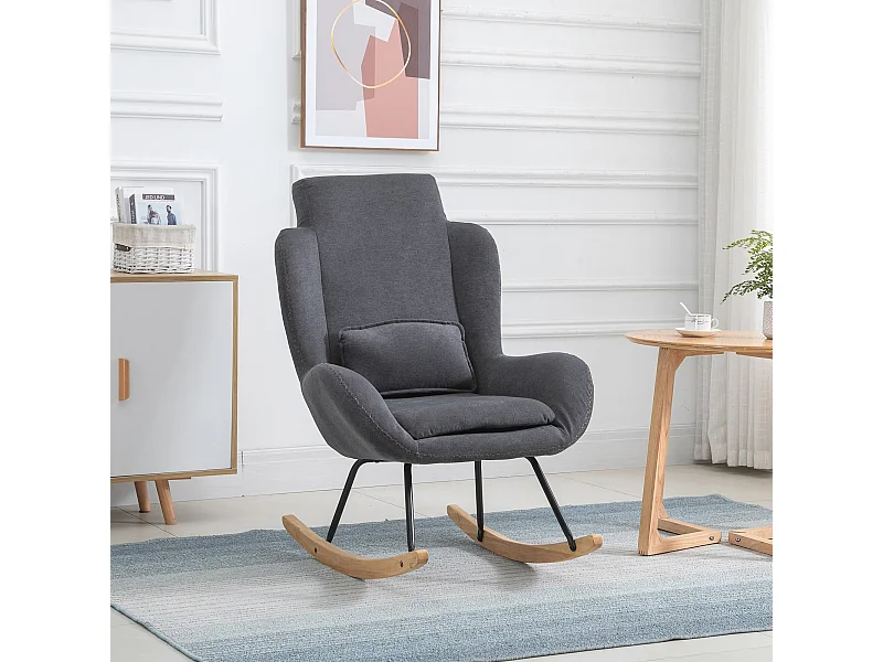 Fauteuil à bascule oreilles rocking chair grand confort accoudoirs assise dossier garnissage mousse haute densité lin gris