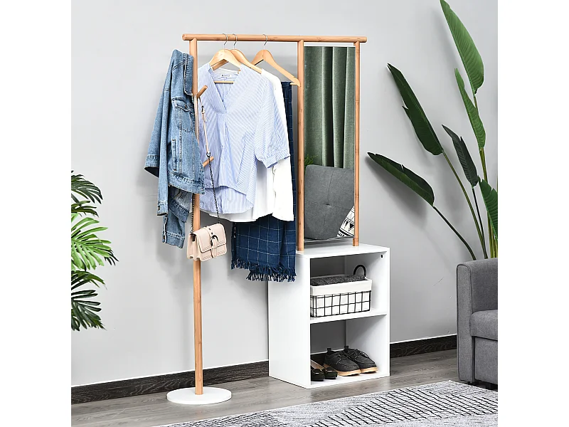 HOMCOM Porte-manteaux meuble d'entrée vestiaire penderie avec miroir 4 patères 2 niches dim. 100L x 34l x 164H cm MDF blanc bois massif bambou