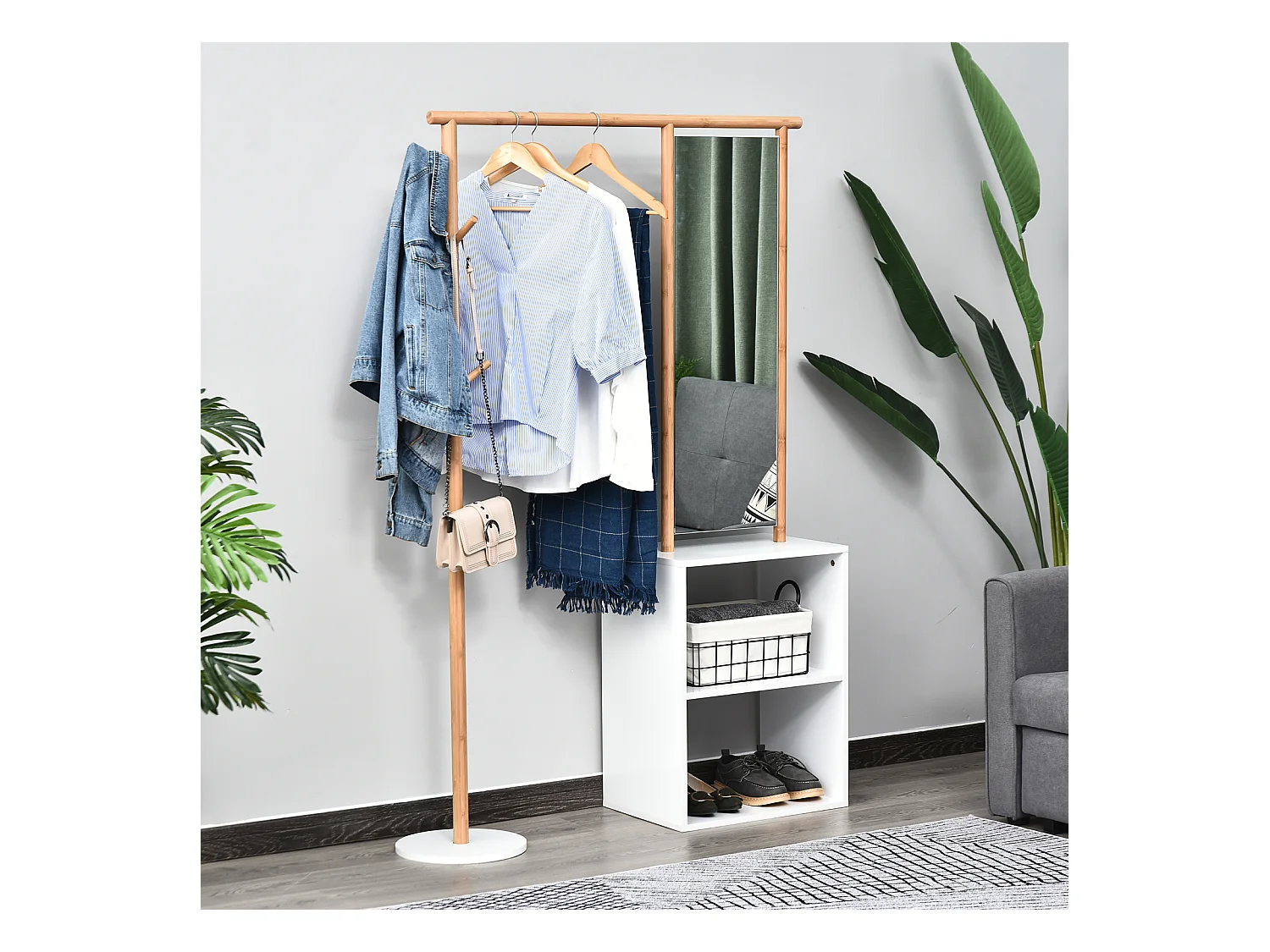 HOMCOM Porte-manteaux meuble d'entrée vestiaire penderie avec miroir 4 patères 2 niches dim. 100L x 34l x 164H cm MDF blanc bois massif bambou